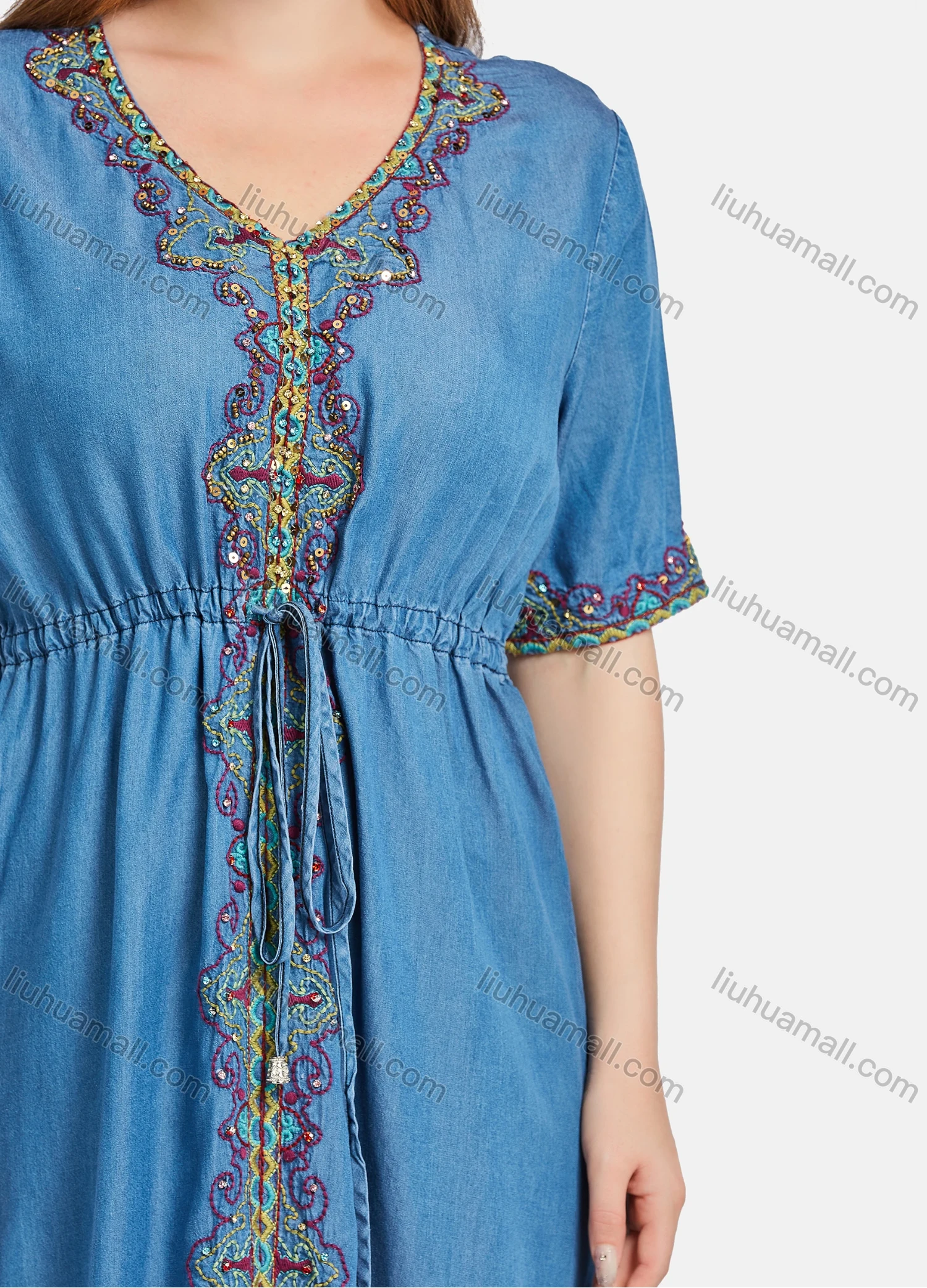 Wholesale Women's Casual Elegant V Neck Embroidery Rhinestone Half Sleeve Drawstring Maxi Dress - Liuhuamall