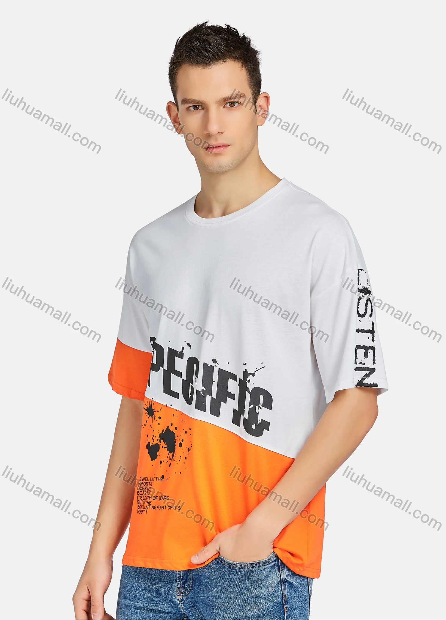 Wholesale Men's Casual Letter Graphic Colorblock Round Neck Short Sleeve Tee - Liuhuamall