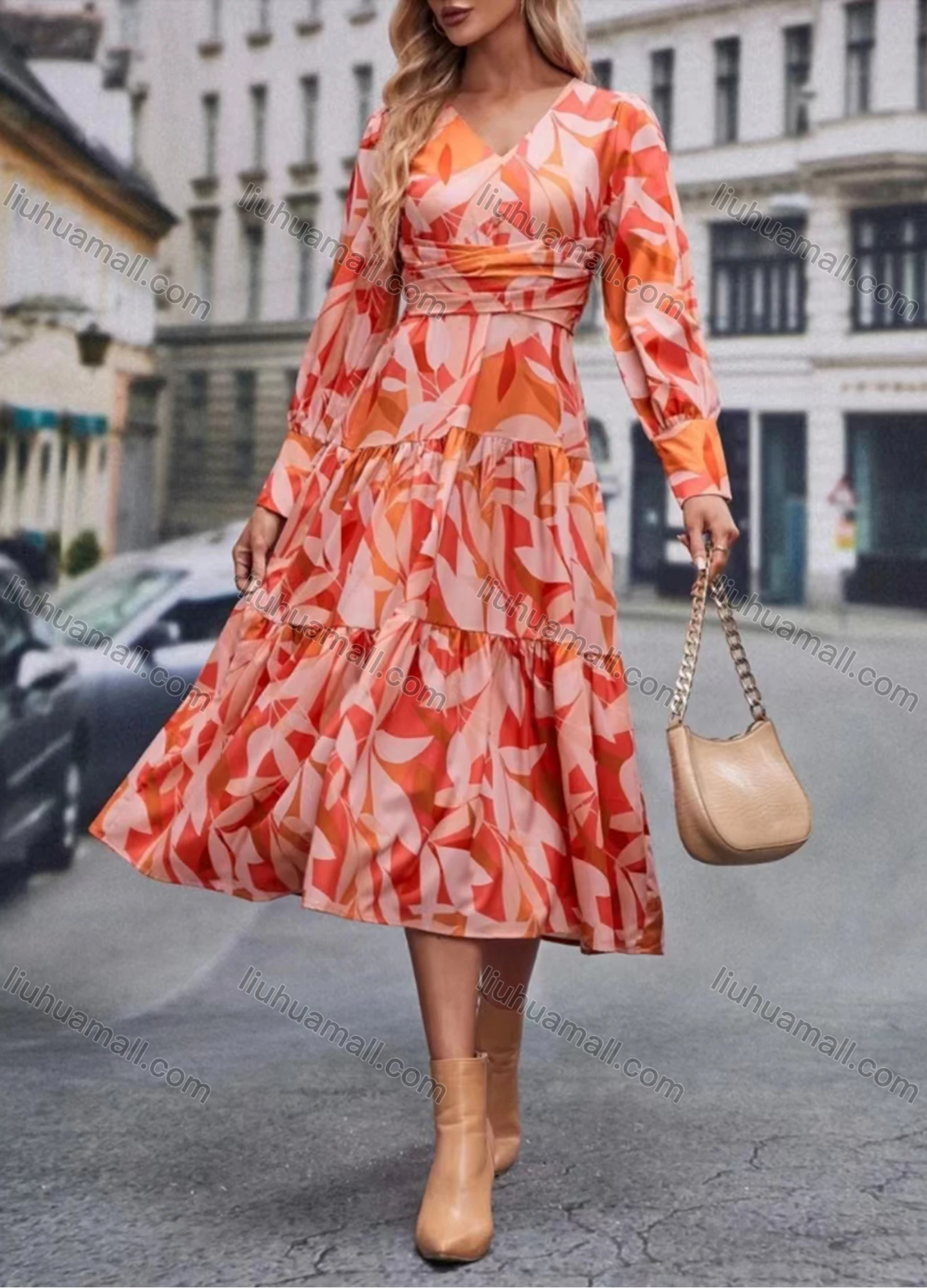 Wholesale Women's Elegant Leaf Print V Neck Long Sleeve Shirred Ruffle Hem Midi Dress - Liuhuamall