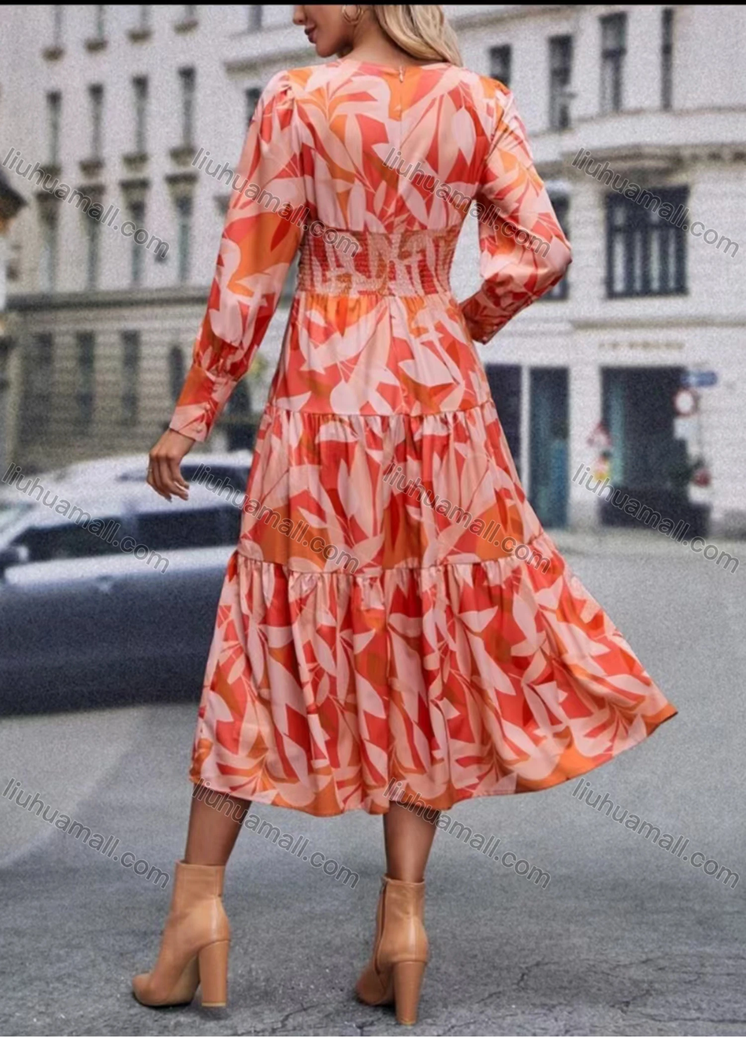Wholesale Women's Elegant Leaf Print V Neck Long Sleeve Shirred Ruffle Hem Midi Dress - Liuhuamall