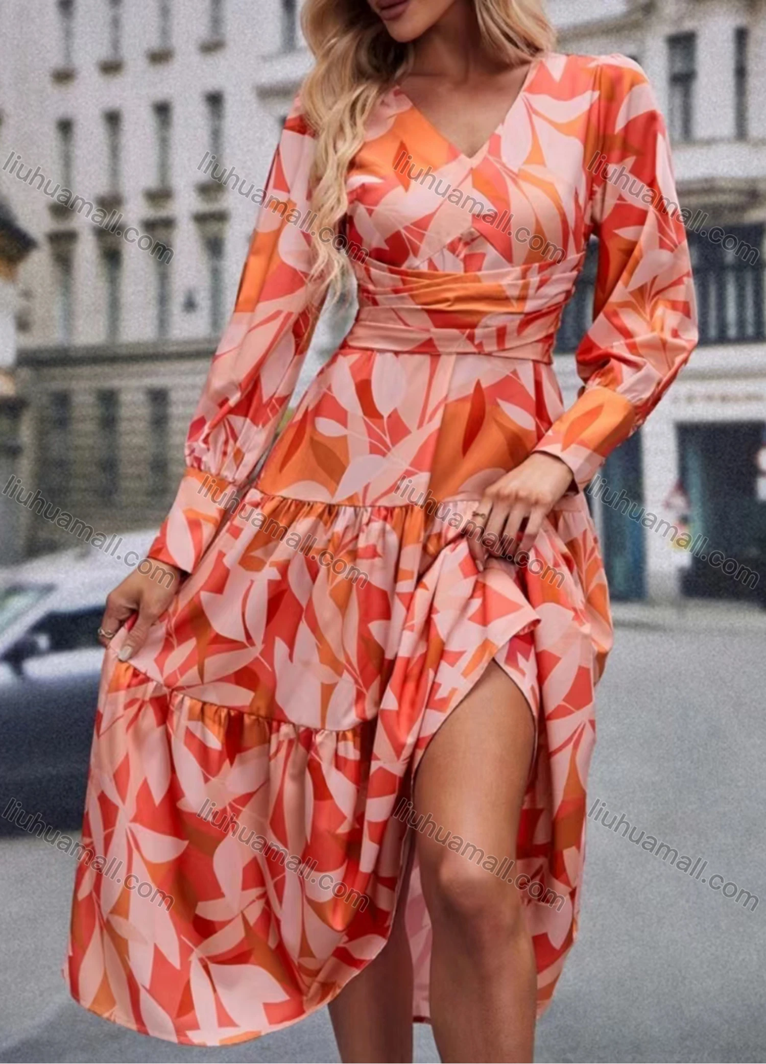 Wholesale Women's Elegant Leaf Print V Neck Long Sleeve Shirred Ruffle Hem Midi Dress - Liuhuamall