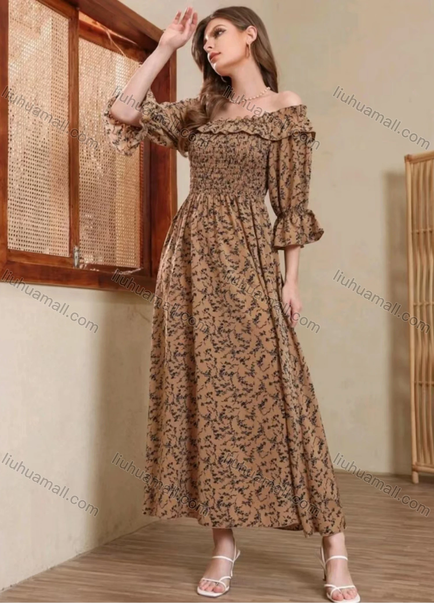Wholesale Women's Elegant Allover Print Off Shoulder Ruffle Trim Shirred Poet Sleeve Maxi Dress - Liuhuamall
