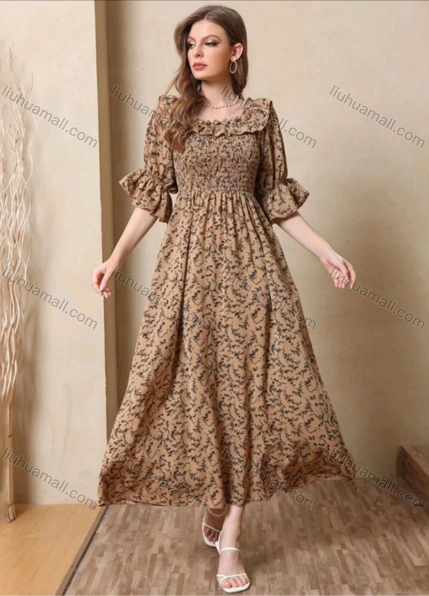 Wholesale Women's Elegant Allover Print Off Shoulder Ruffle Trim Shirred Poet Sleeve Maxi Dress - Liuhuamall