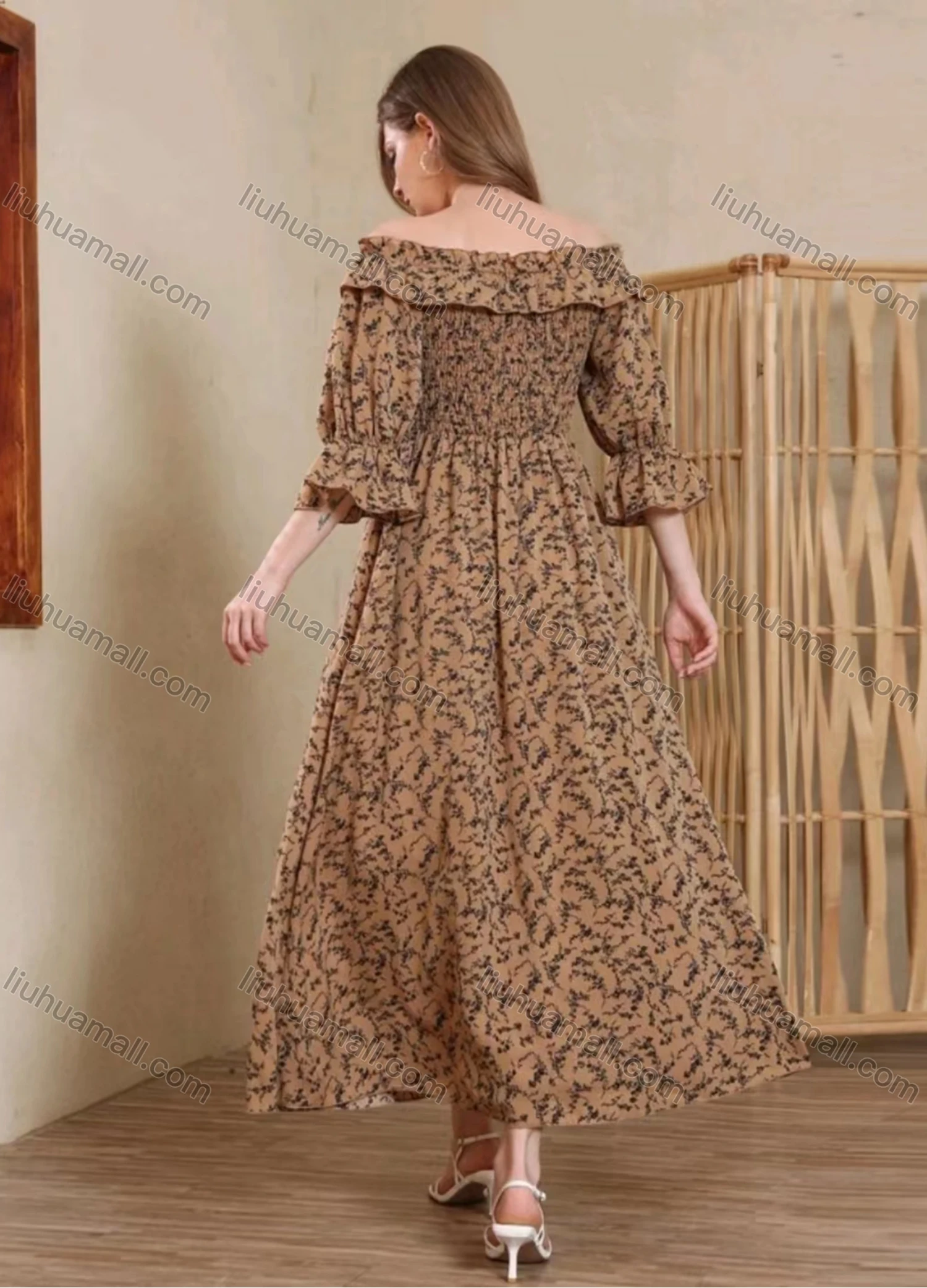 Wholesale Women's Elegant Allover Print Off Shoulder Ruffle Trim Shirred Poet Sleeve Maxi Dress - Liuhuamall