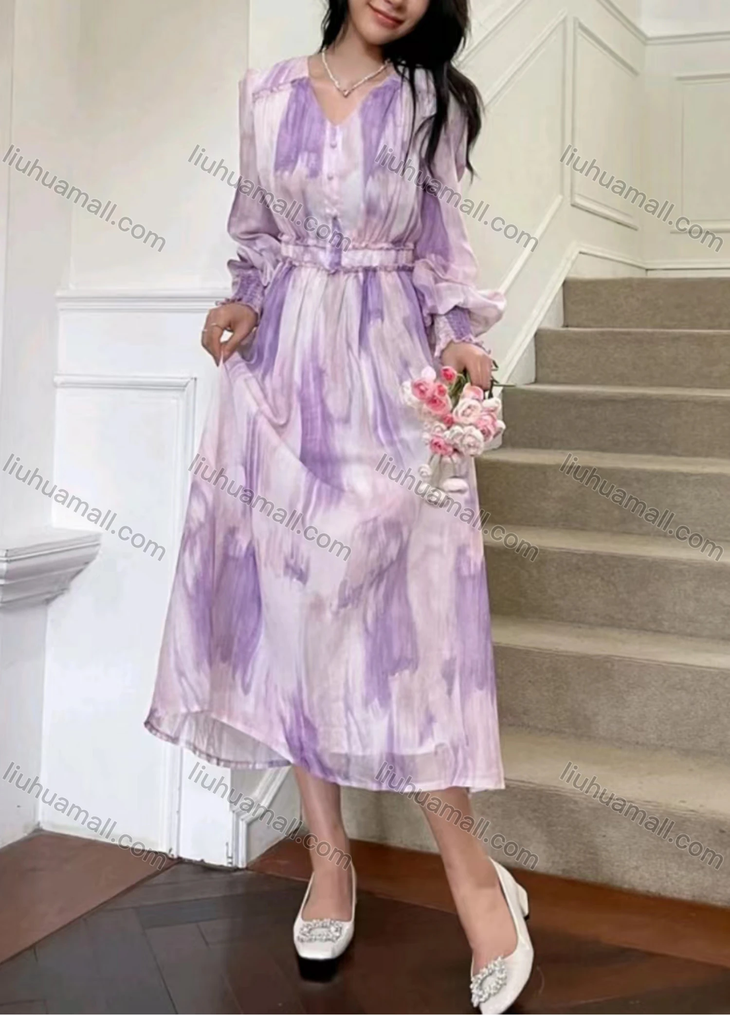 Wholesale Women's Elegant Vintage Tie Dye Ruffle Trim V Neck Long Sleeve Maxi Dress - Liuhuamall