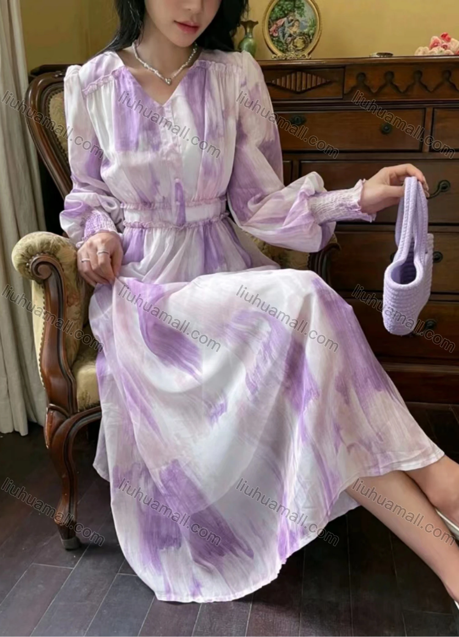 Wholesale Women's Elegant Vintage Tie Dye Ruffle Trim V Neck Long Sleeve Maxi Dress - Liuhuamall