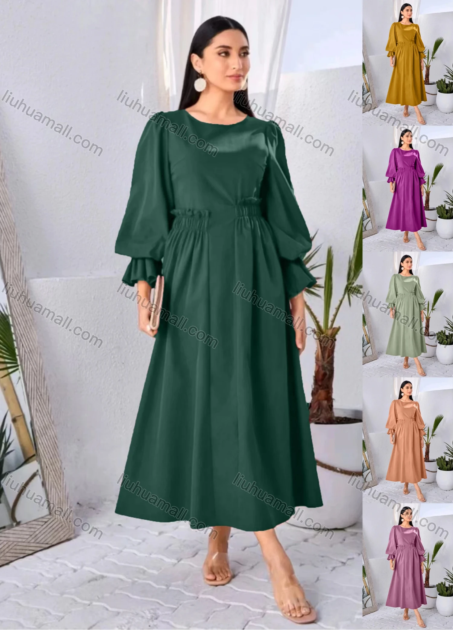 Wholesale Women's Elegant Plain Round Neck Ruffle Trim Long Sleeve Ruffle Hem Midi Dress - Liuhuamall