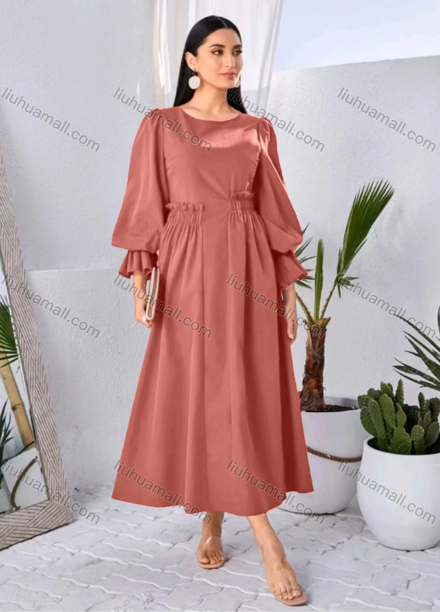 Wholesale Women's Elegant Plain Round Neck Ruffle Trim Long Sleeve Ruffle Hem Midi Dress - Liuhuamall