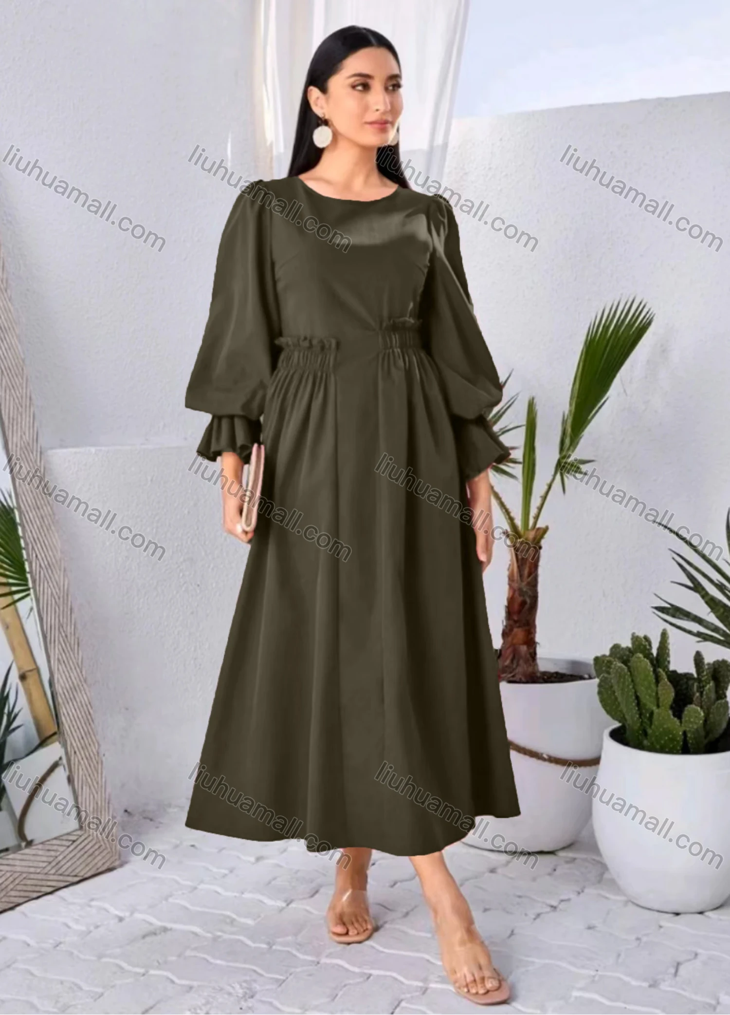 Wholesale Women's Elegant Plain Round Neck Ruffle Trim Long Sleeve Ruffle Hem Midi Dress - Liuhuamall