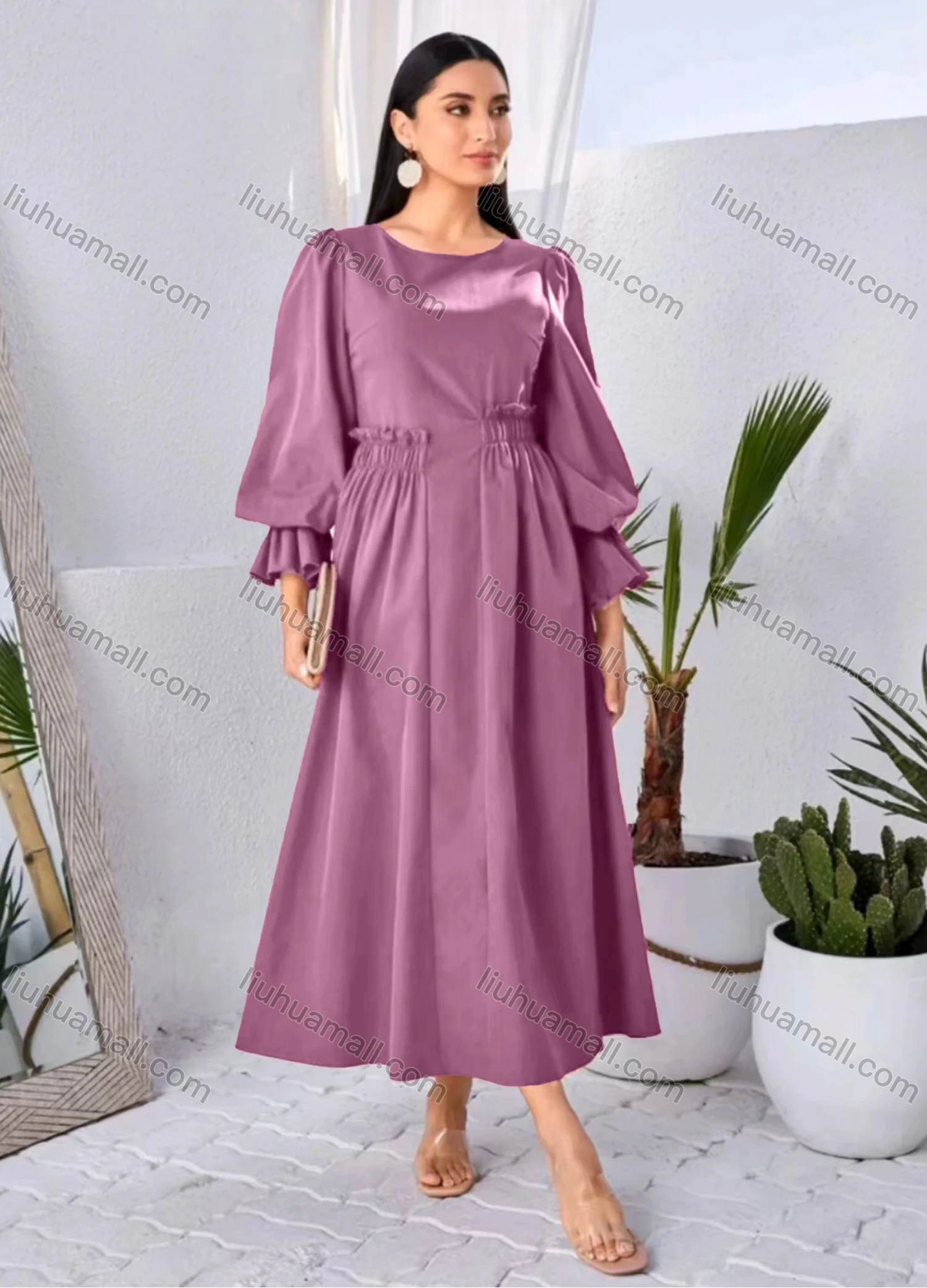 Wholesale Women's Elegant Plain Round Neck Ruffle Trim Long Sleeve Ruffle Hem Midi Dress - Liuhuamall