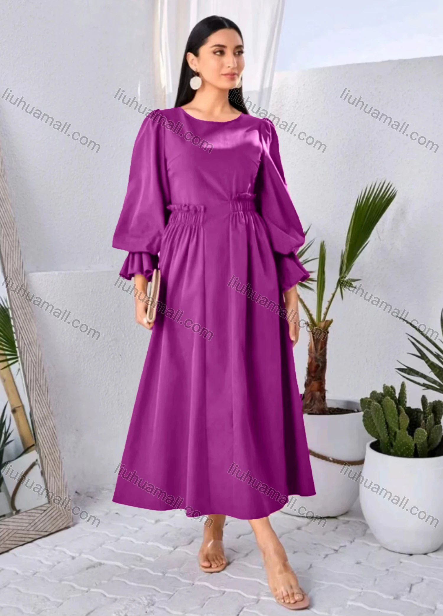 Wholesale Women's Elegant Plain Round Neck Ruffle Trim Long Sleeve Ruffle Hem Midi Dress - Liuhuamall