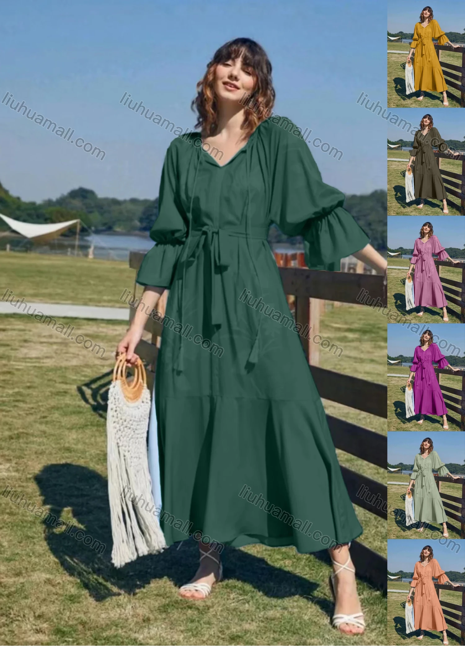 Wholesale Women's Casual Elegant Floral Print 3/4 Sleeve Tassel Ruffle Hem Maxi Dress With Belt - Liuhuamall