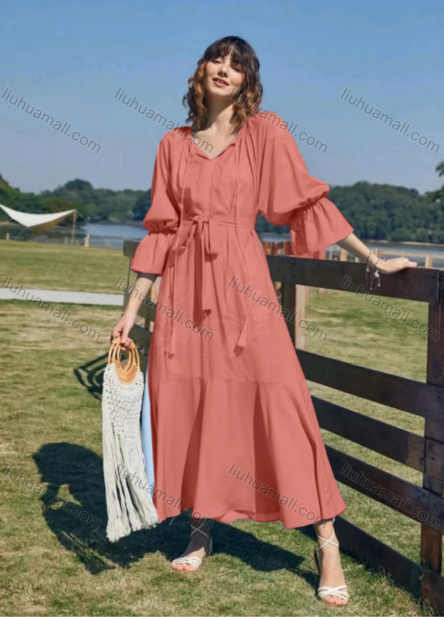 Wholesale Women's Casual Elegant Floral Print 3/4 Sleeve Tassel Ruffle Hem Maxi Dress With Belt - Liuhuamall