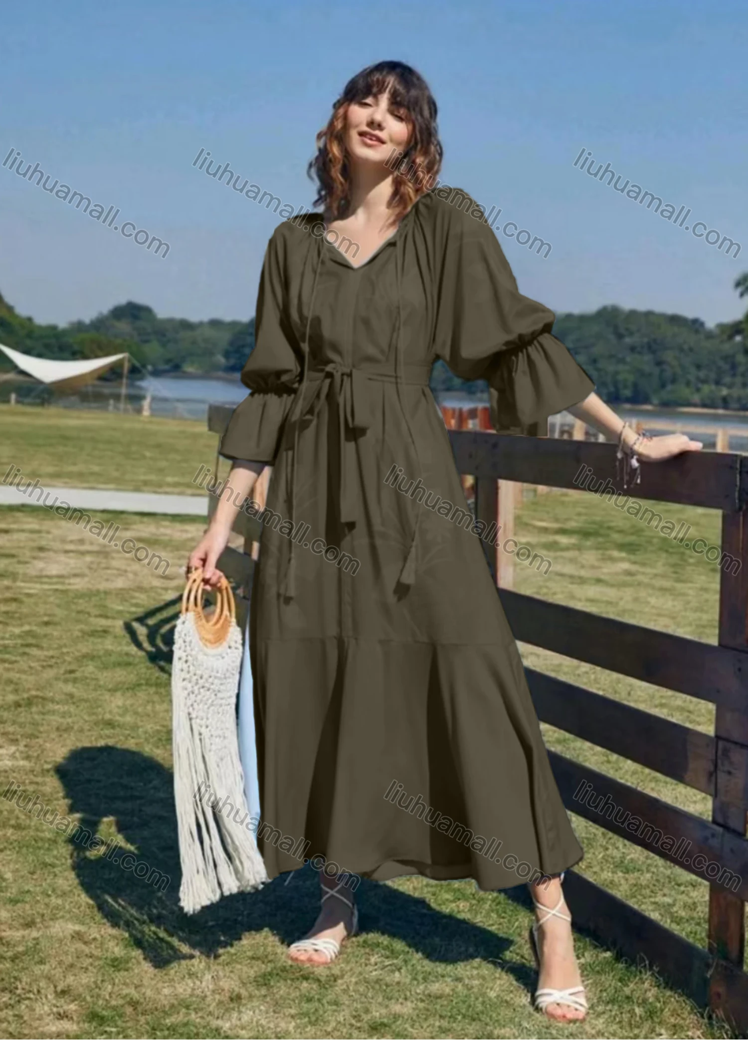Wholesale Women's Casual Elegant Floral Print 3/4 Sleeve Tassel Ruffle Hem Maxi Dress With Belt - Liuhuamall