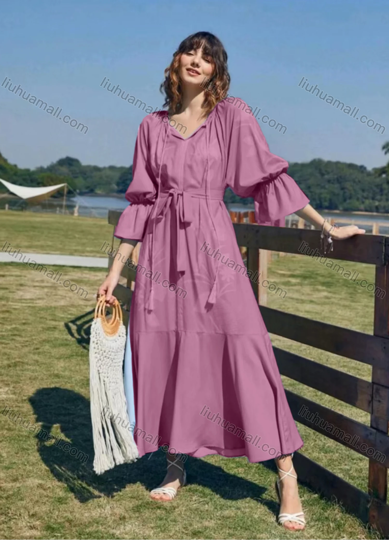 Wholesale Women's Casual Elegant Floral Print 3/4 Sleeve Tassel Ruffle Hem Maxi Dress With Belt - Liuhuamall