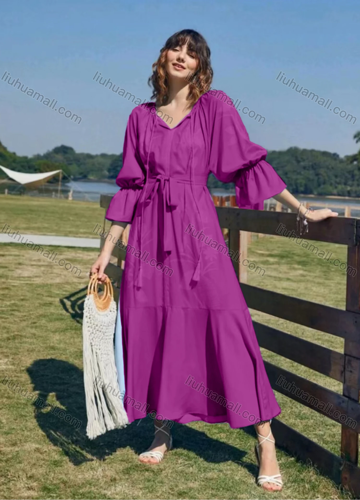 Wholesale Women's Casual Elegant Floral Print 3/4 Sleeve Tassel Ruffle Hem Maxi Dress With Belt - Liuhuamall