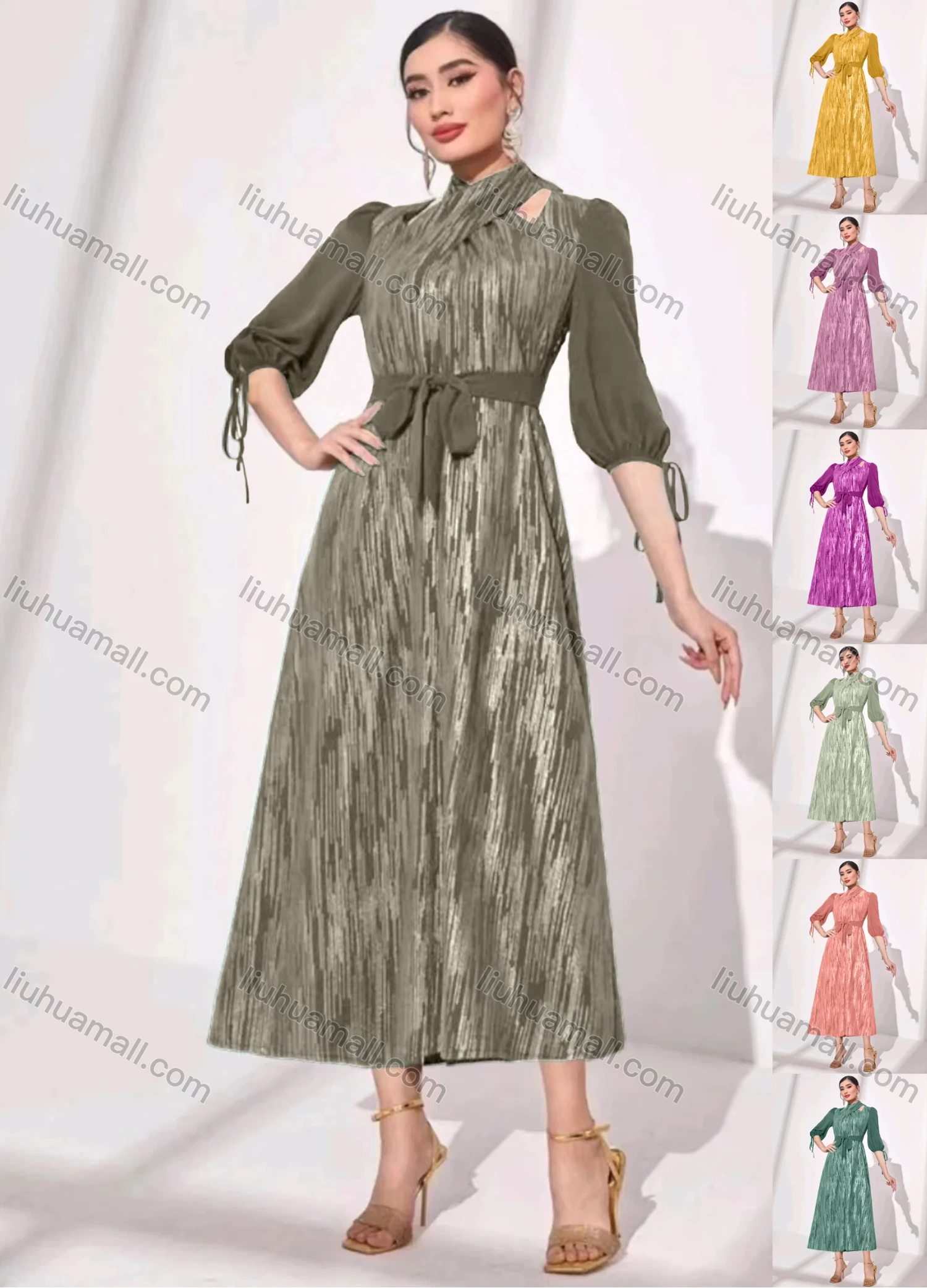 Wholesale Women's Elegant Crossover Neck Half Sleeve Midi Dress With Belt - Liuhuamall
