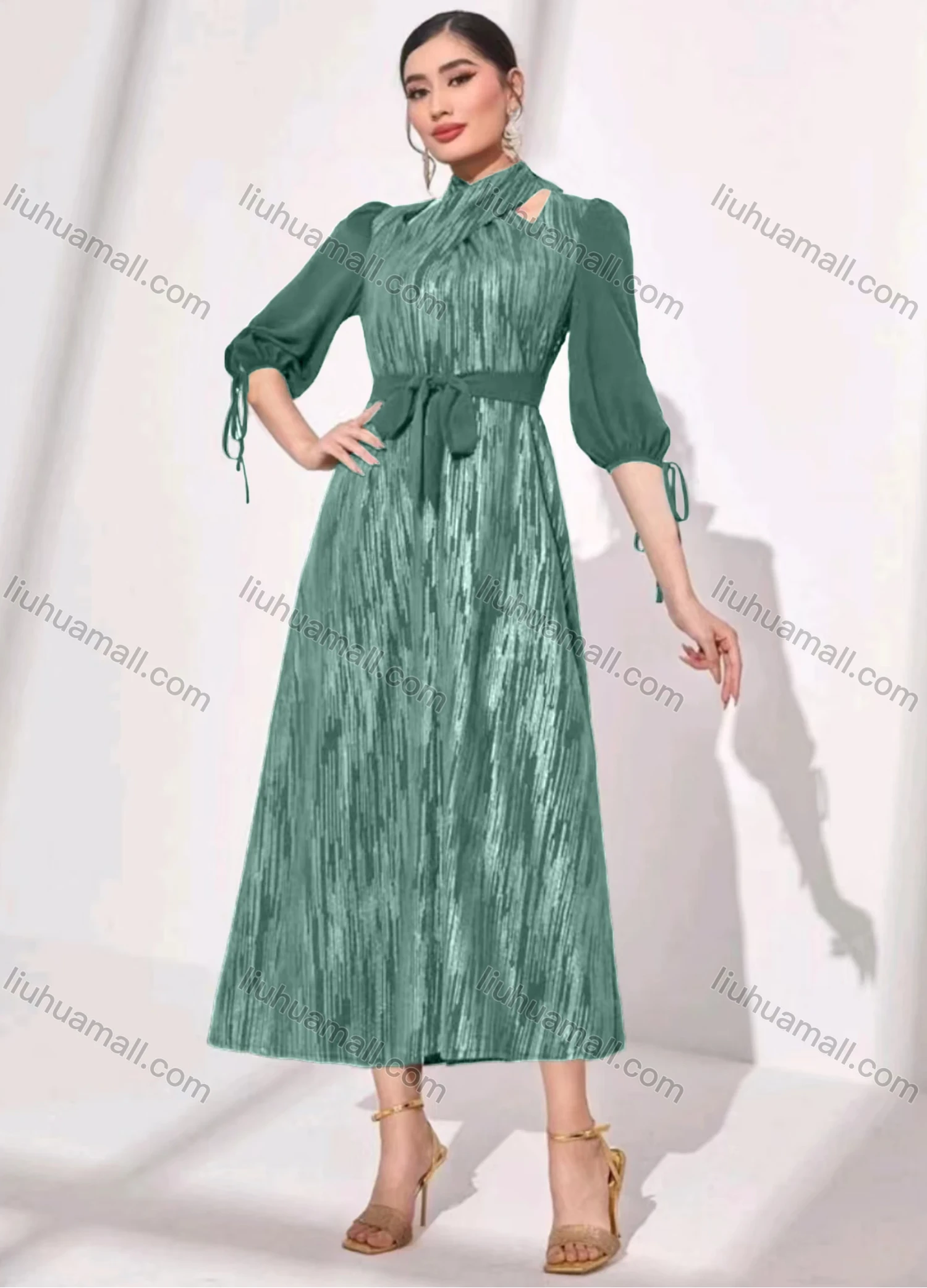 Wholesale Women's Elegant Crossover Neck Half Sleeve Midi Dress With Belt - Liuhuamall