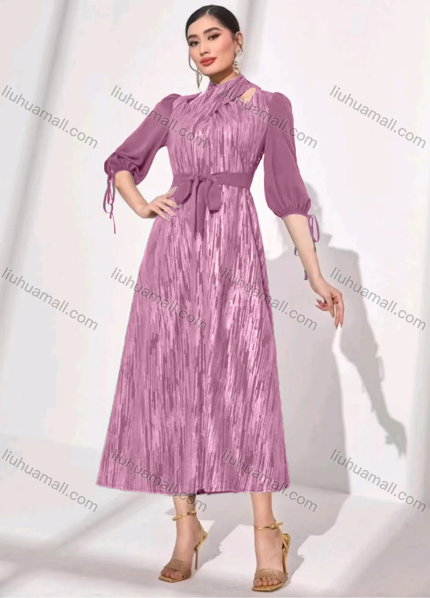 Wholesale Women's Elegant Crossover Neck Half Sleeve Midi Dress With Belt - Liuhuamall
