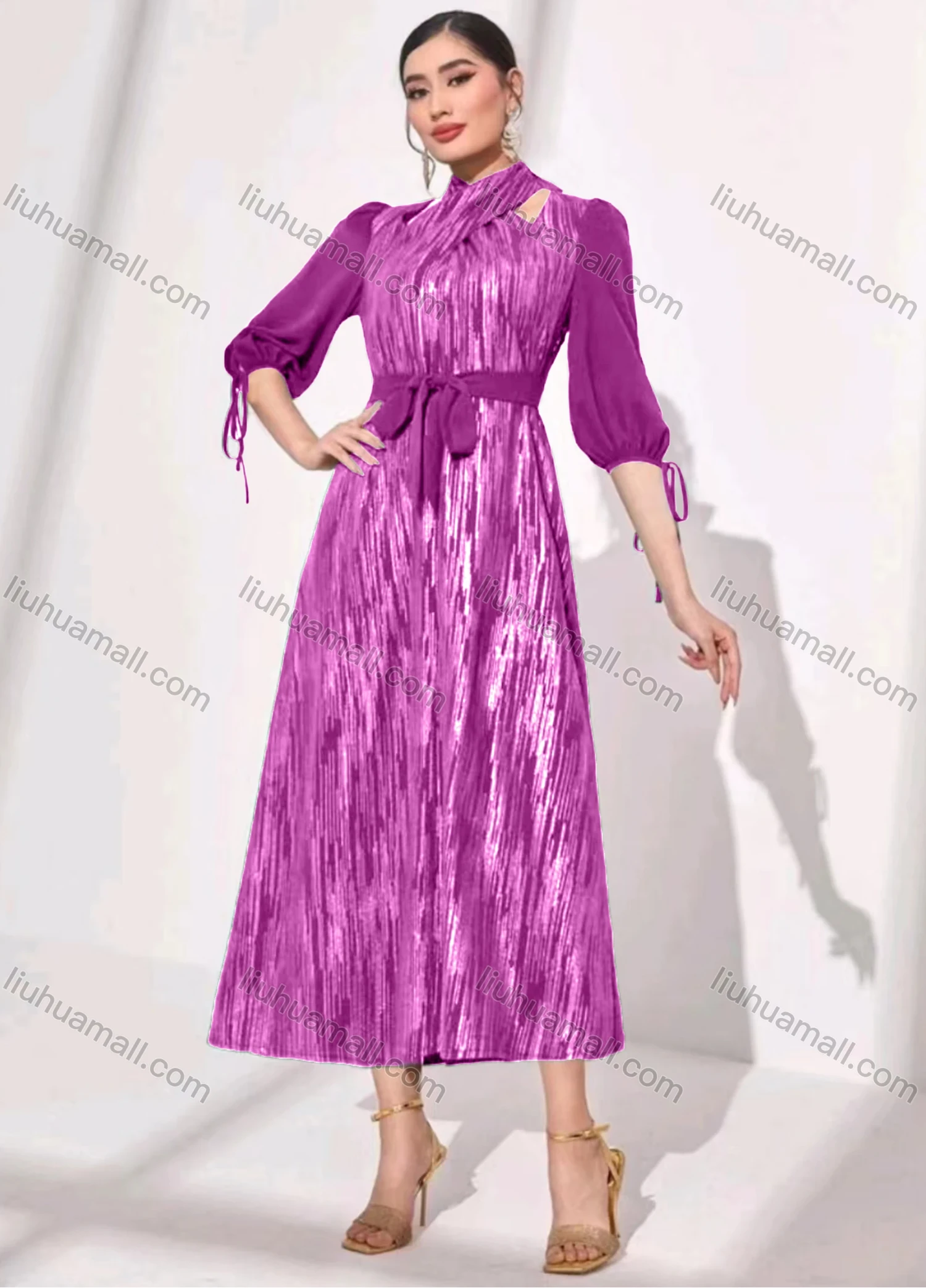Wholesale Women's Elegant Crossover Neck Half Sleeve Midi Dress With Belt - Liuhuamall