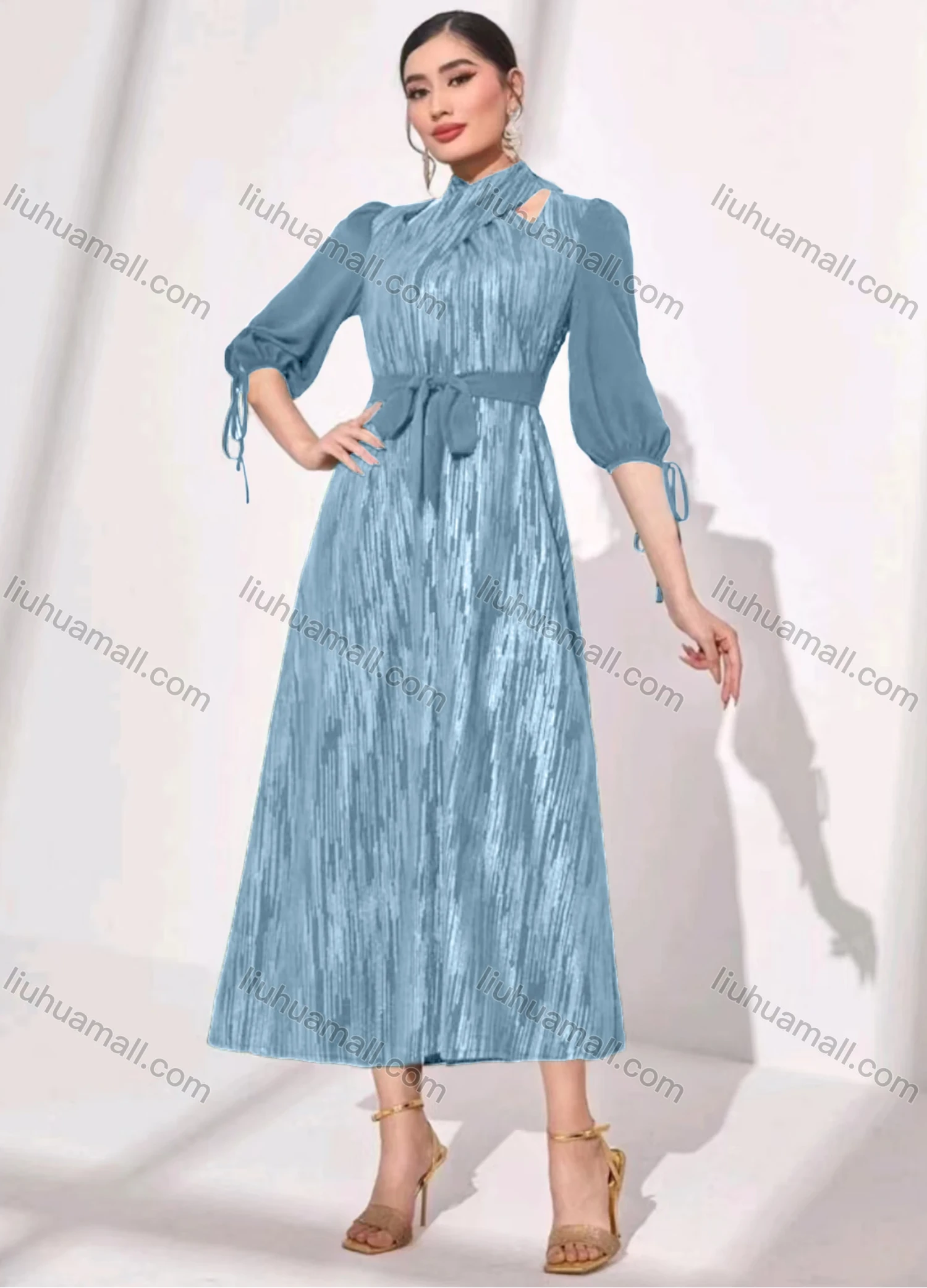 Wholesale Women's Elegant Crossover Neck Half Sleeve Midi Dress With Belt - Liuhuamall