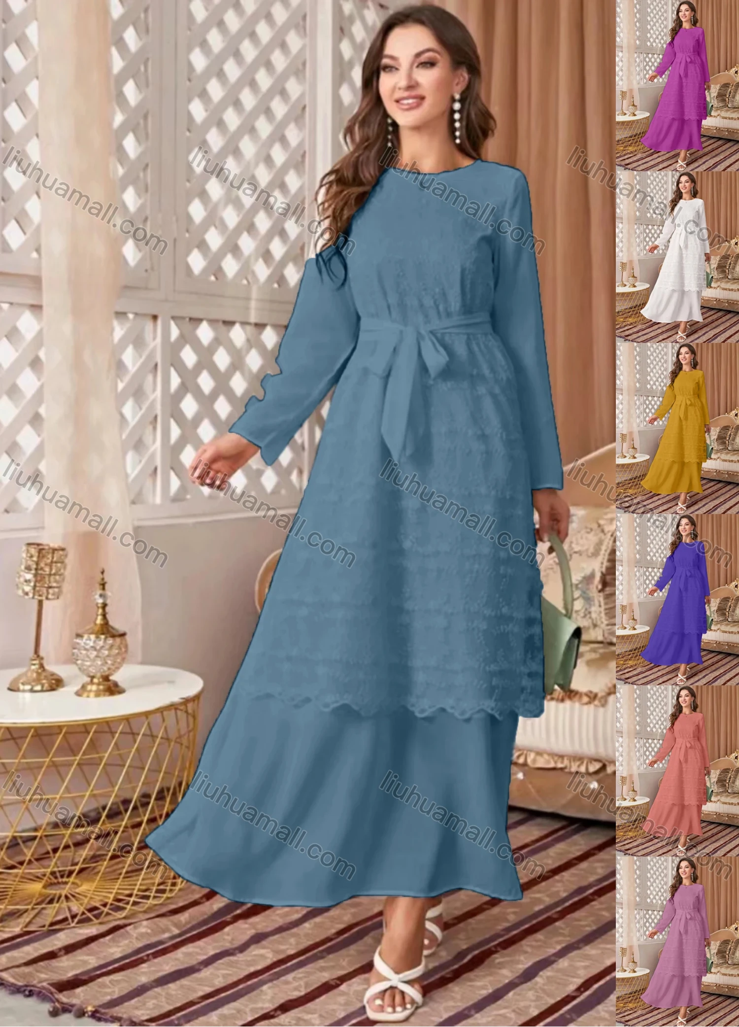 Wholesale Women's Casual Elegant Plain Round Neck Long Sleeve Lace Mesh Layered Ruffle Hem Maxi Dress - Liuhuamall