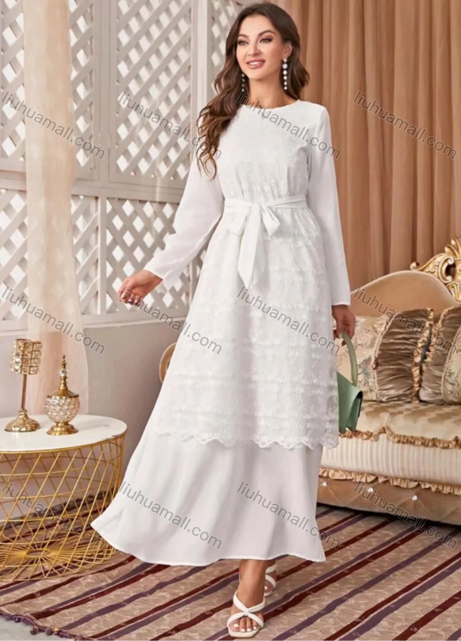 Wholesale Women's Casual Elegant Plain Round Neck Long Sleeve Lace Mesh Layered Ruffle Hem Maxi Dress - Liuhuamall