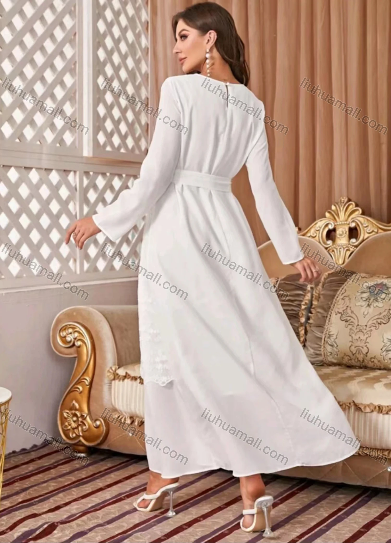 Wholesale Women's Casual Elegant Plain Round Neck Long Sleeve Lace Mesh Layered Ruffle Hem Maxi Dress - Liuhuamall