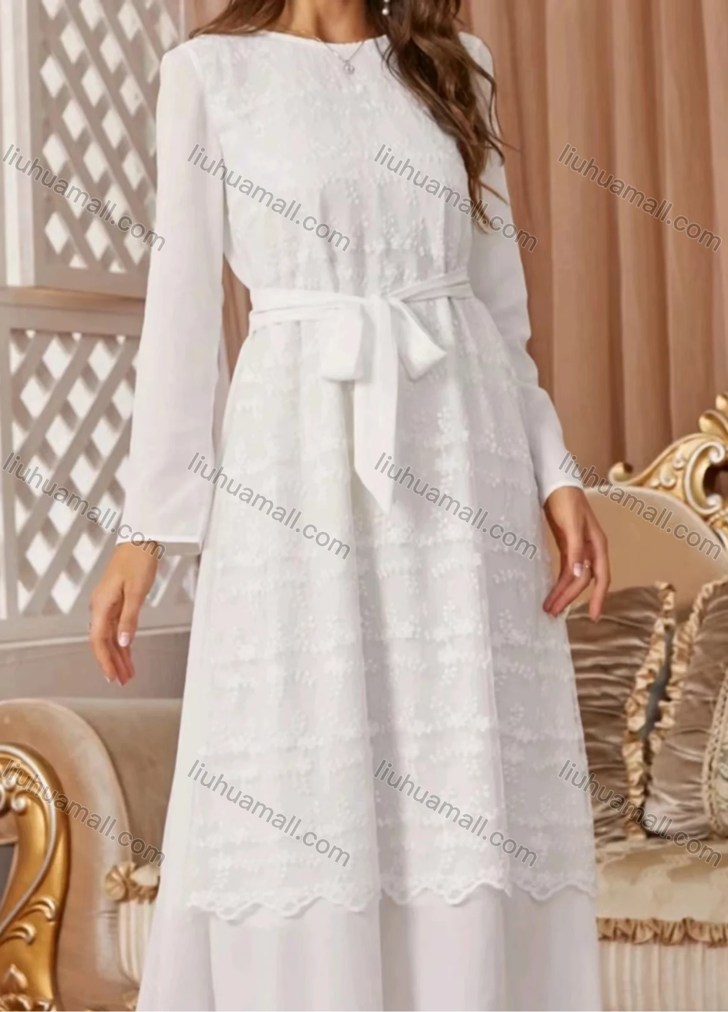 Wholesale Women's Casual Elegant Plain Round Neck Long Sleeve Lace Mesh Layered Ruffle Hem Maxi Dress - Liuhuamall