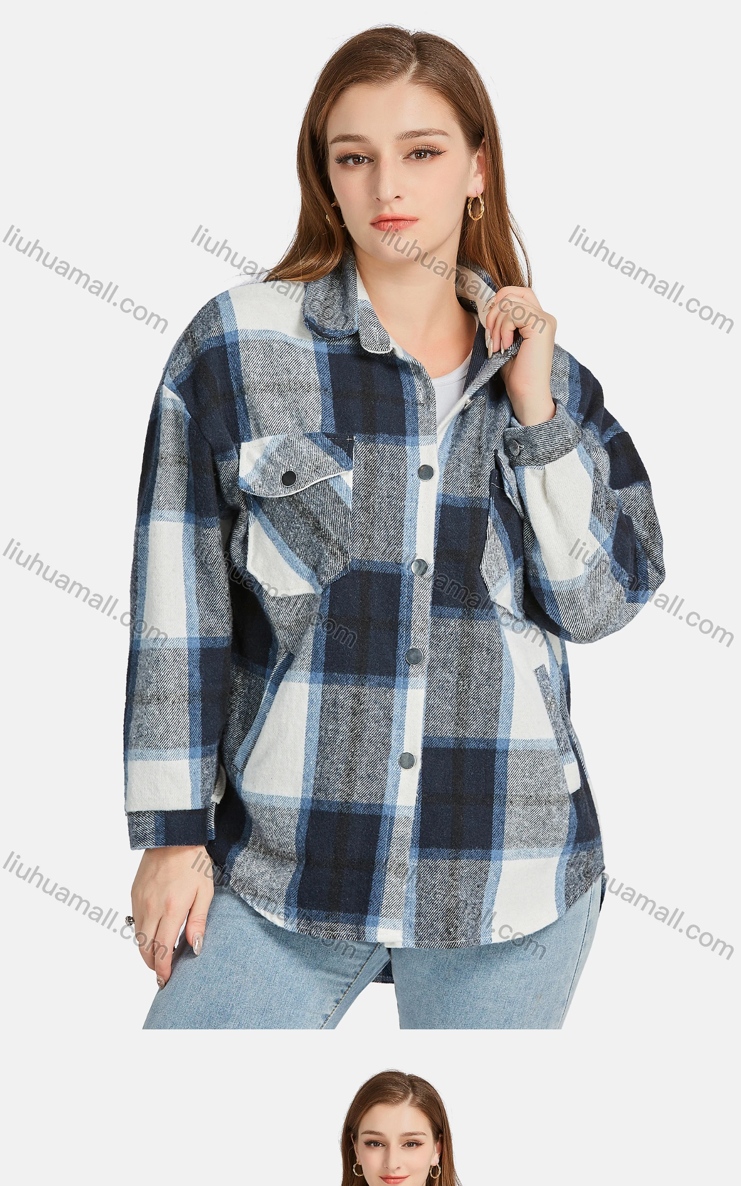 Wholesale Women's Casual 100%Cotton Collared Long Sleeve Button Down Plaid Overshirt Jackets - Liuhuamall