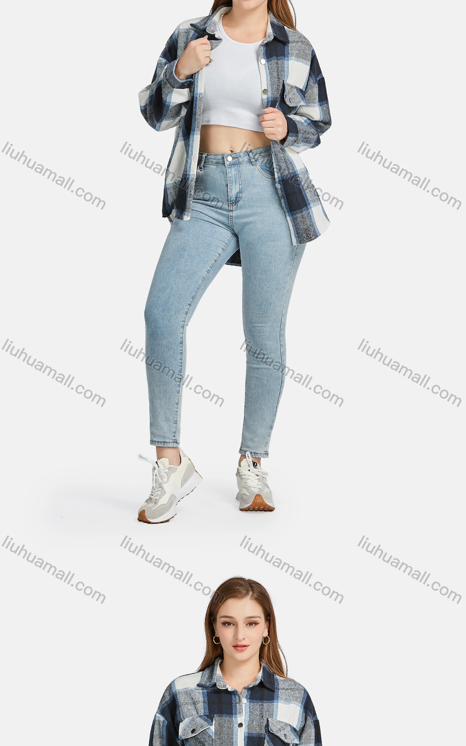 Wholesale Women's Casual 100%Cotton Collared Long Sleeve Button Down Plaid Overshirt Jackets - Liuhuamall
