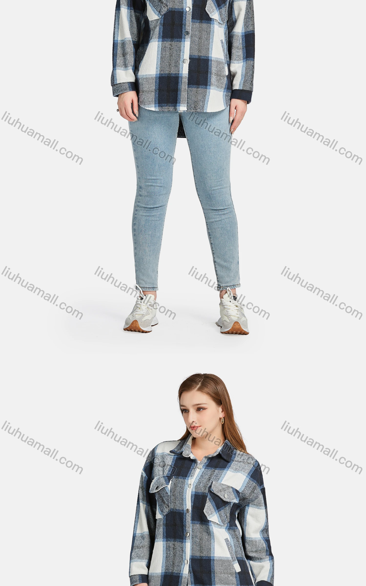 Wholesale Women's Casual 100%Cotton Collared Long Sleeve Button Down Plaid Overshirt Jackets - Liuhuamall