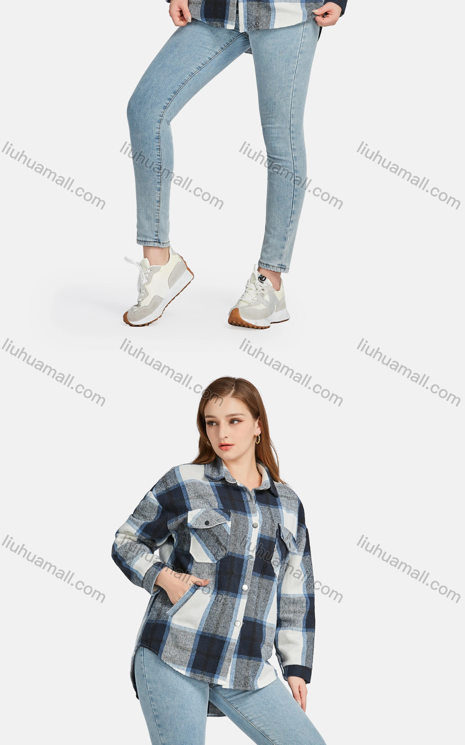 Wholesale Women's Casual 100%Cotton Collared Long Sleeve Button Down Plaid Overshirt Jackets - Liuhuamall