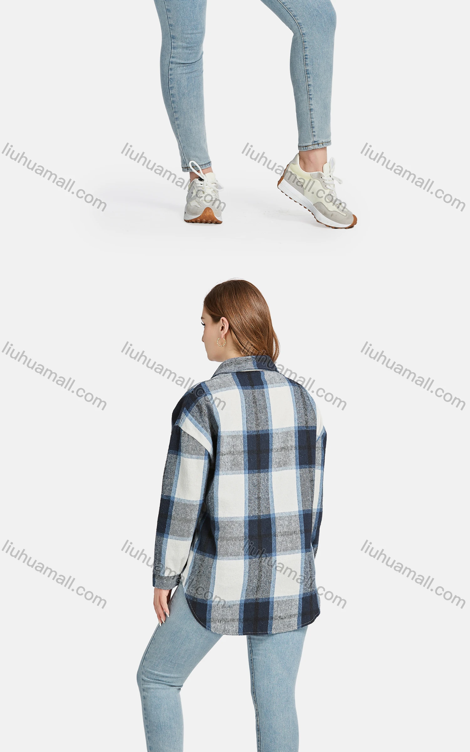 Wholesale Women's Casual 100%Cotton Collared Long Sleeve Button Down Plaid Overshirt Jackets - Liuhuamall