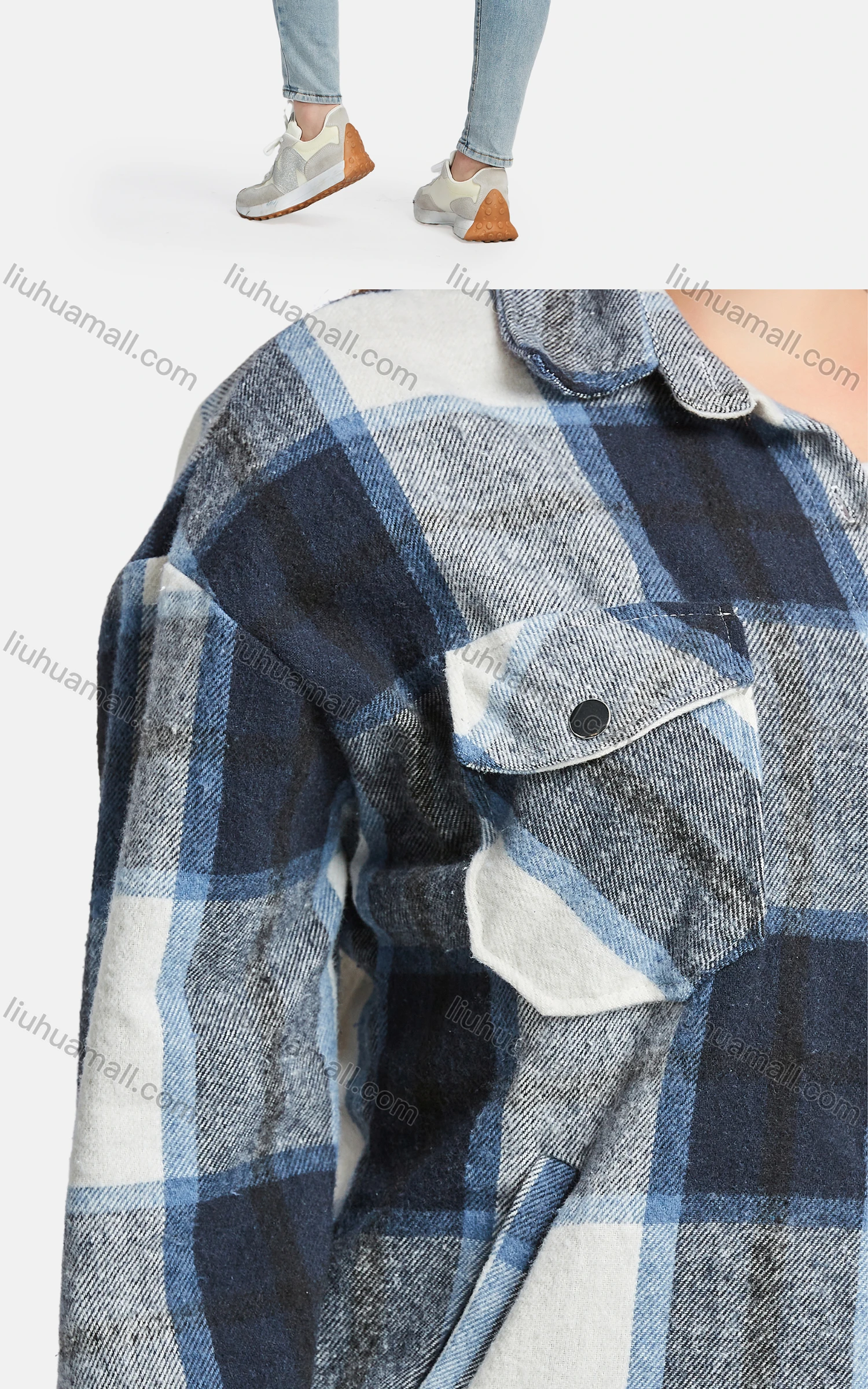 Wholesale Women's Casual 100%Cotton Collared Long Sleeve Button Down Plaid Overshirt Jackets - Liuhuamall