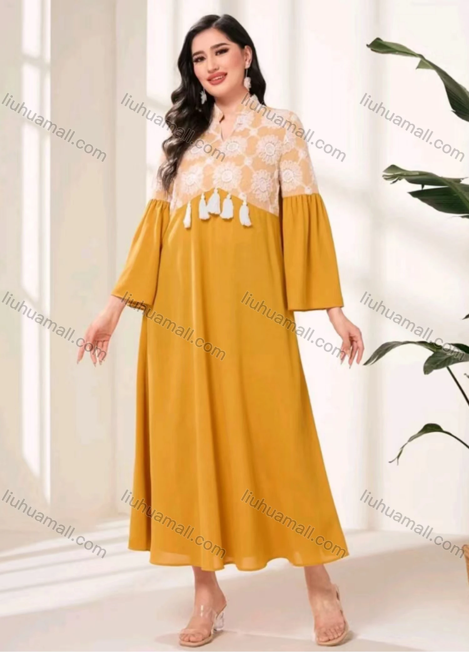 Wholesale Women's Elegant Vintage Splicing Floral Print Notched Neck Long Sleeve Tassel Ruffle Hem Maxi Dress - Liuhuamall