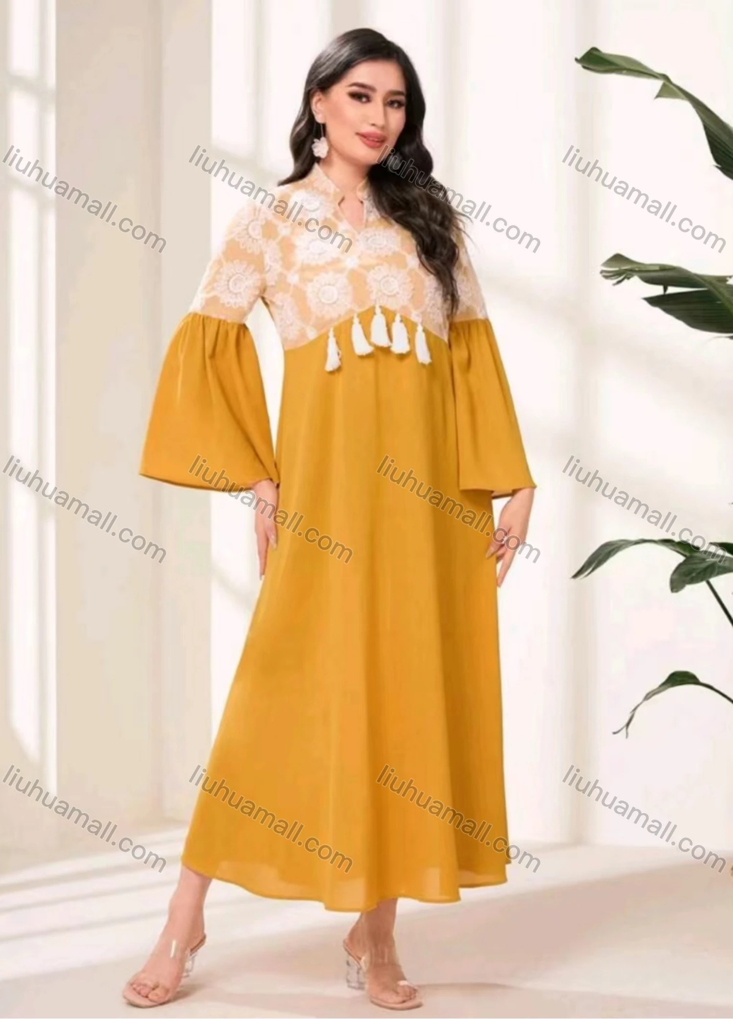 Wholesale Women's Elegant Vintage Splicing Floral Print Notched Neck Long Sleeve Tassel Ruffle Hem Maxi Dress - Liuhuamall