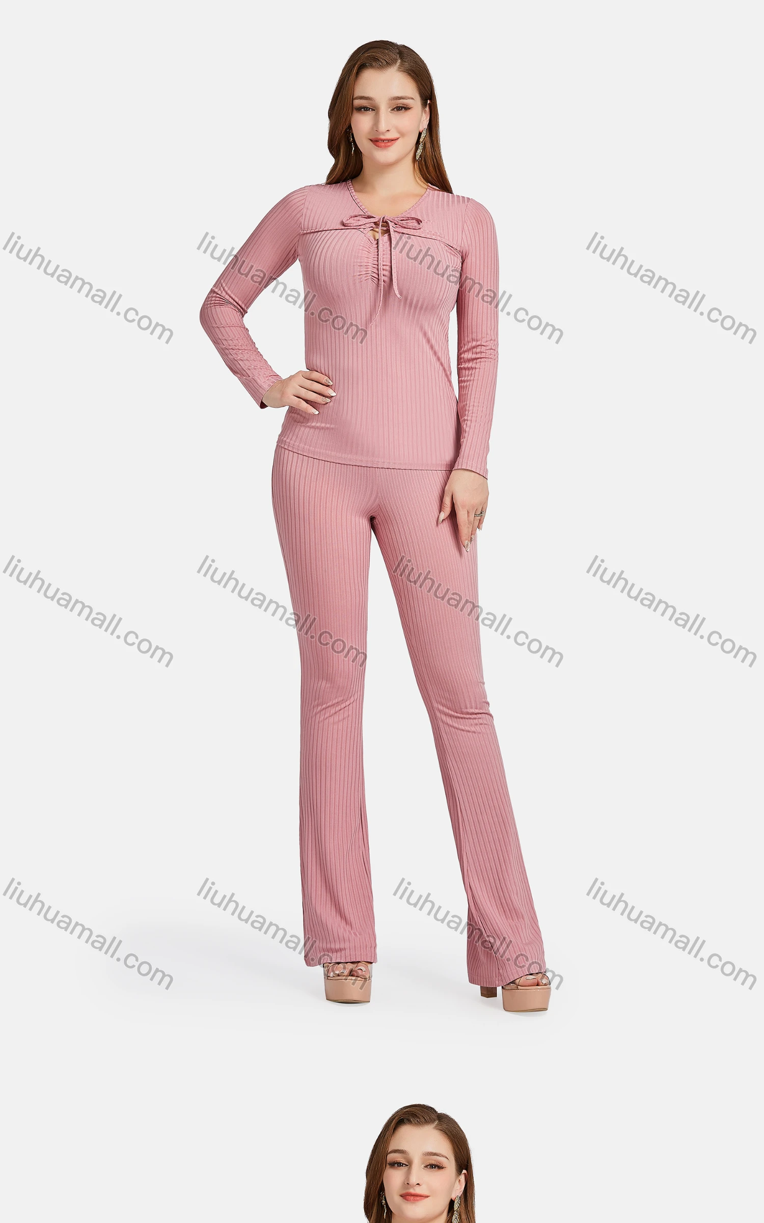 Wholesale Women's Casual Slim Fit Tie Neck Long Sleeve Plain Ribbed Blouse 2-piece Set - Liuhuamall