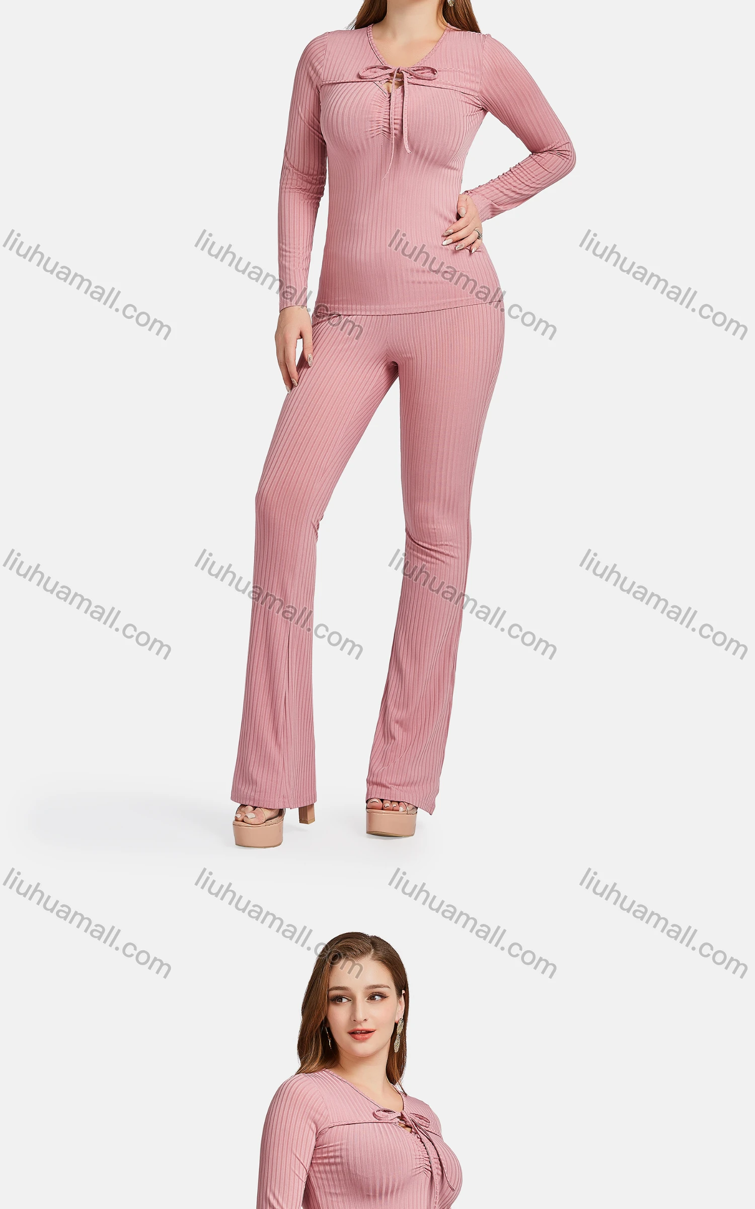 Wholesale Women's Casual Slim Fit Tie Neck Long Sleeve Plain Ribbed Blouse 2-piece Set - Liuhuamall