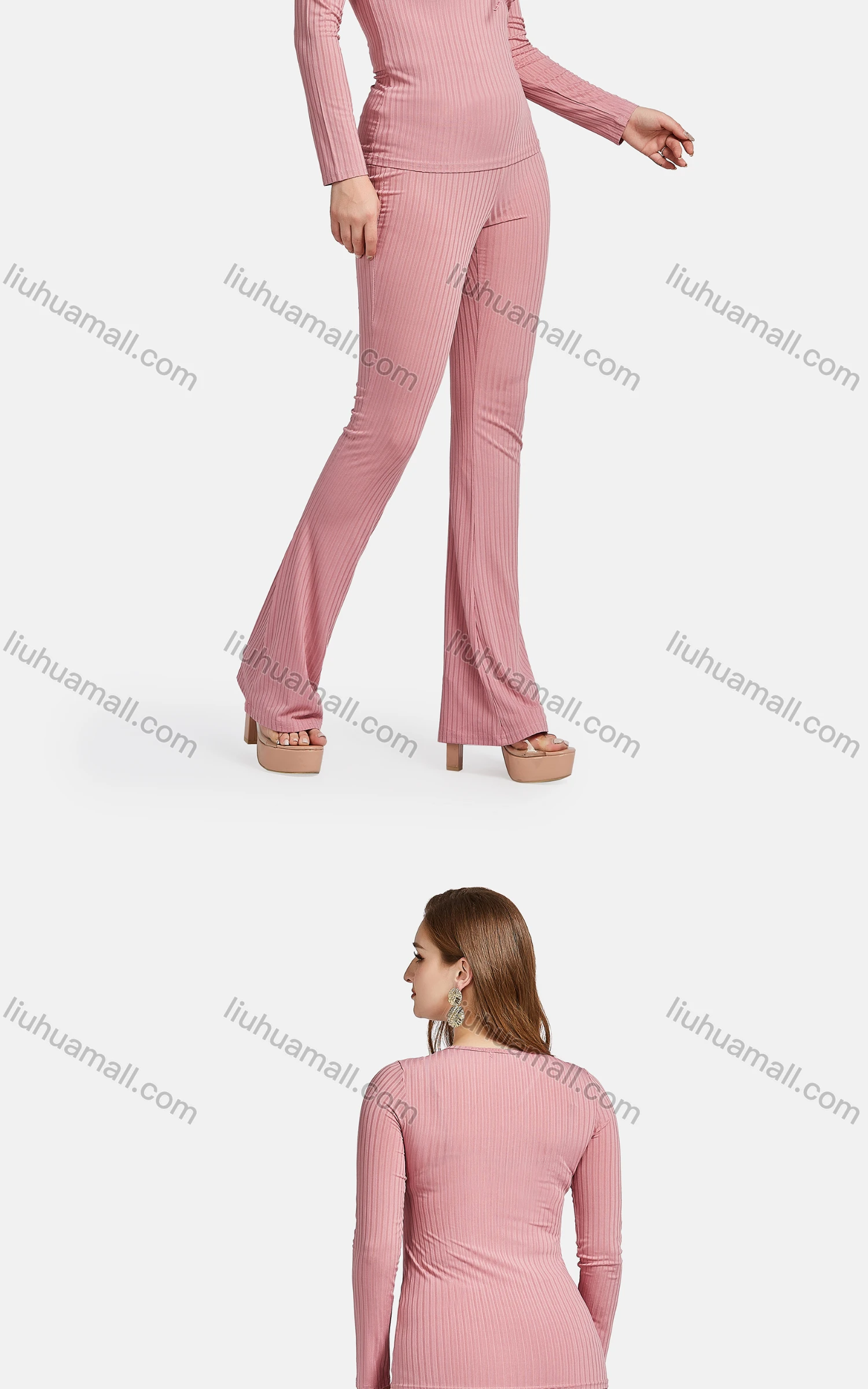 Wholesale Women's Casual Slim Fit Tie Neck Long Sleeve Plain Ribbed Blouse 2-piece Set - Liuhuamall