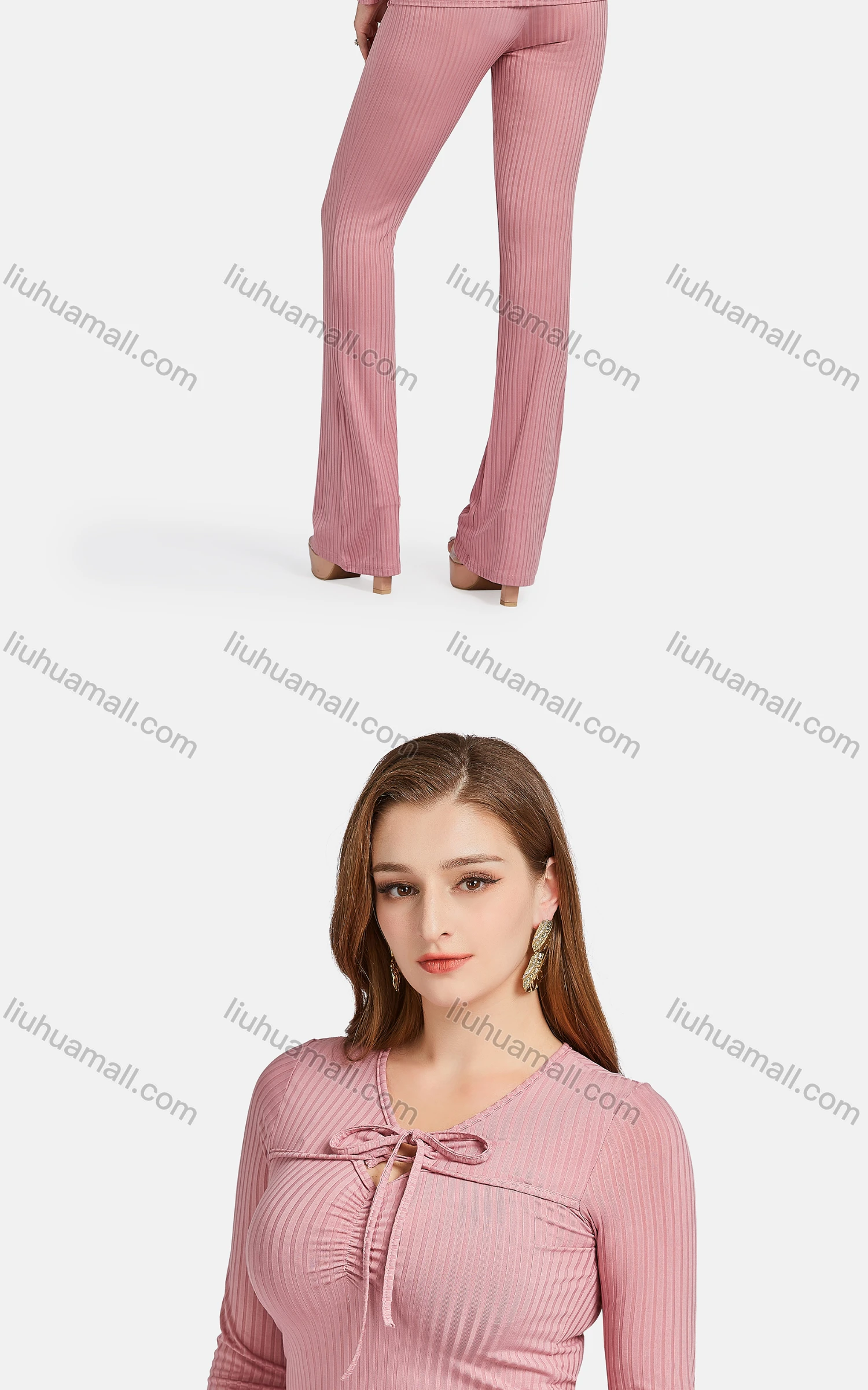 Wholesale Women's Casual Slim Fit Tie Neck Long Sleeve Plain Ribbed Blouse 2-piece Set - Liuhuamall