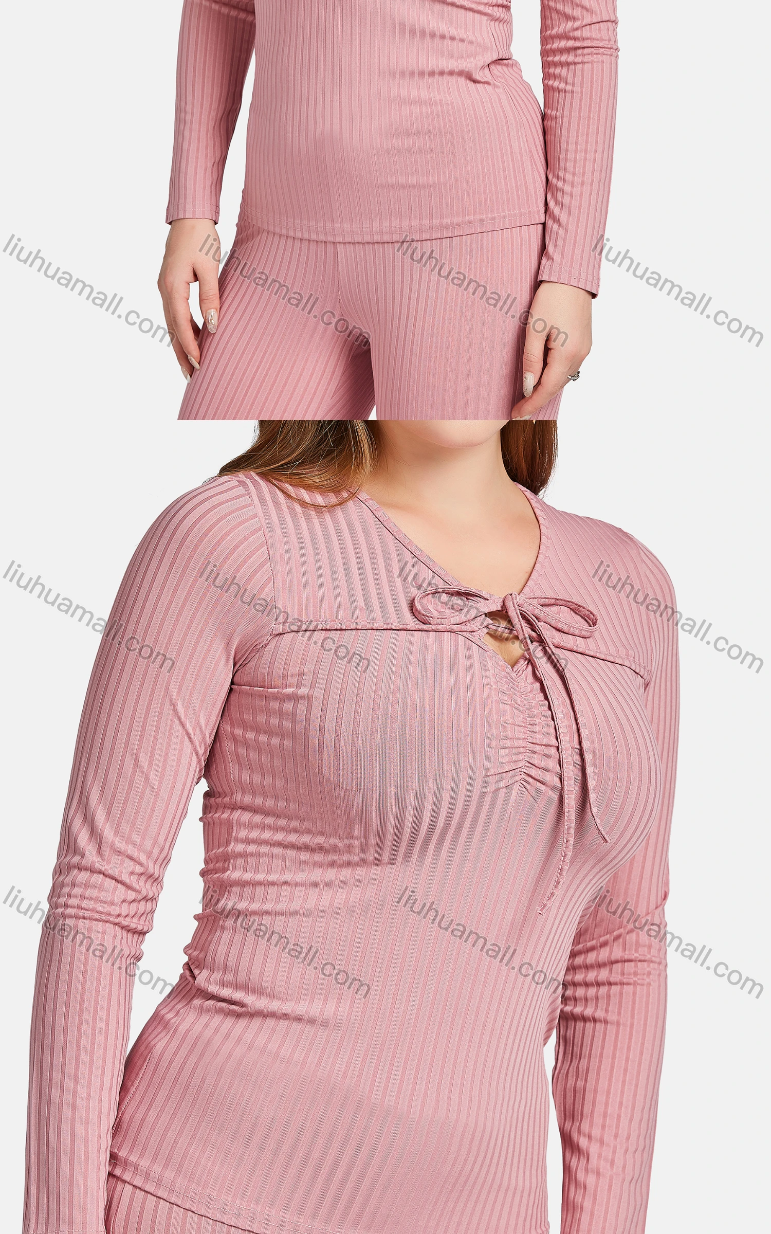 Wholesale Women's Casual Slim Fit Tie Neck Long Sleeve Plain Ribbed Blouse 2-piece Set - Liuhuamall