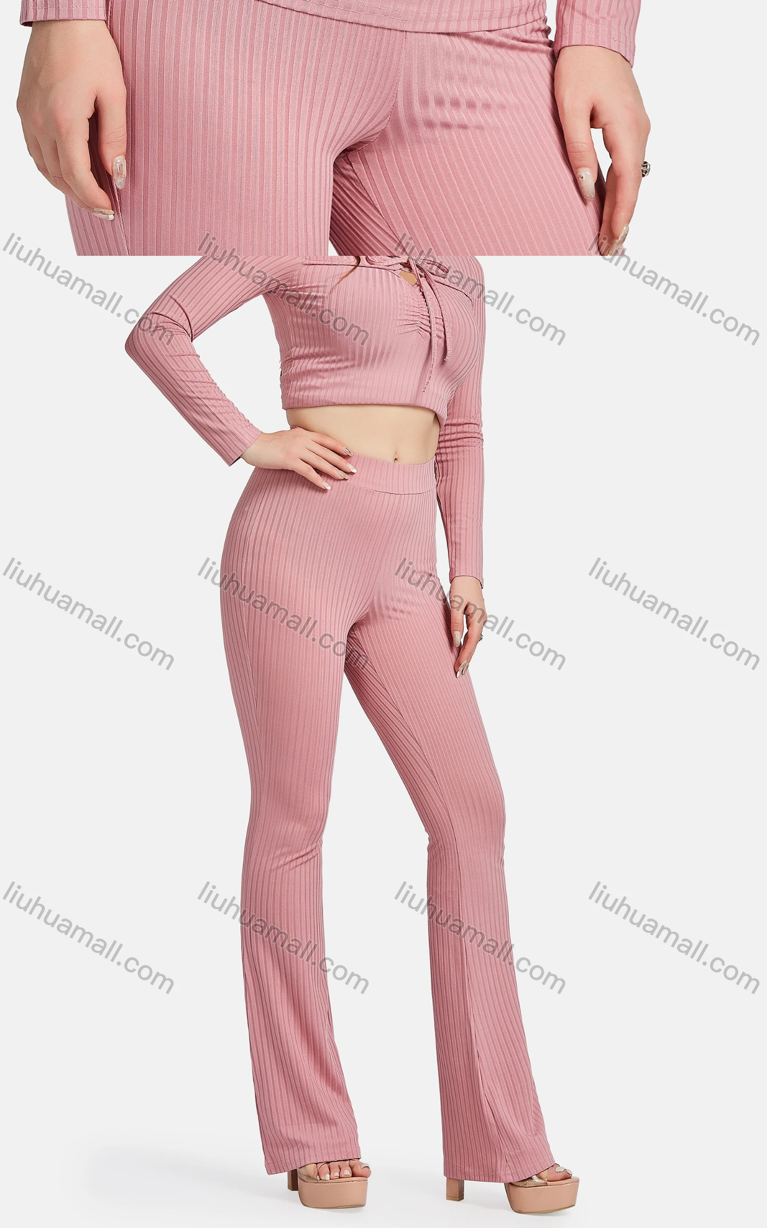 Wholesale Women's Casual Slim Fit Tie Neck Long Sleeve Plain Ribbed Blouse 2-piece Set - Liuhuamall