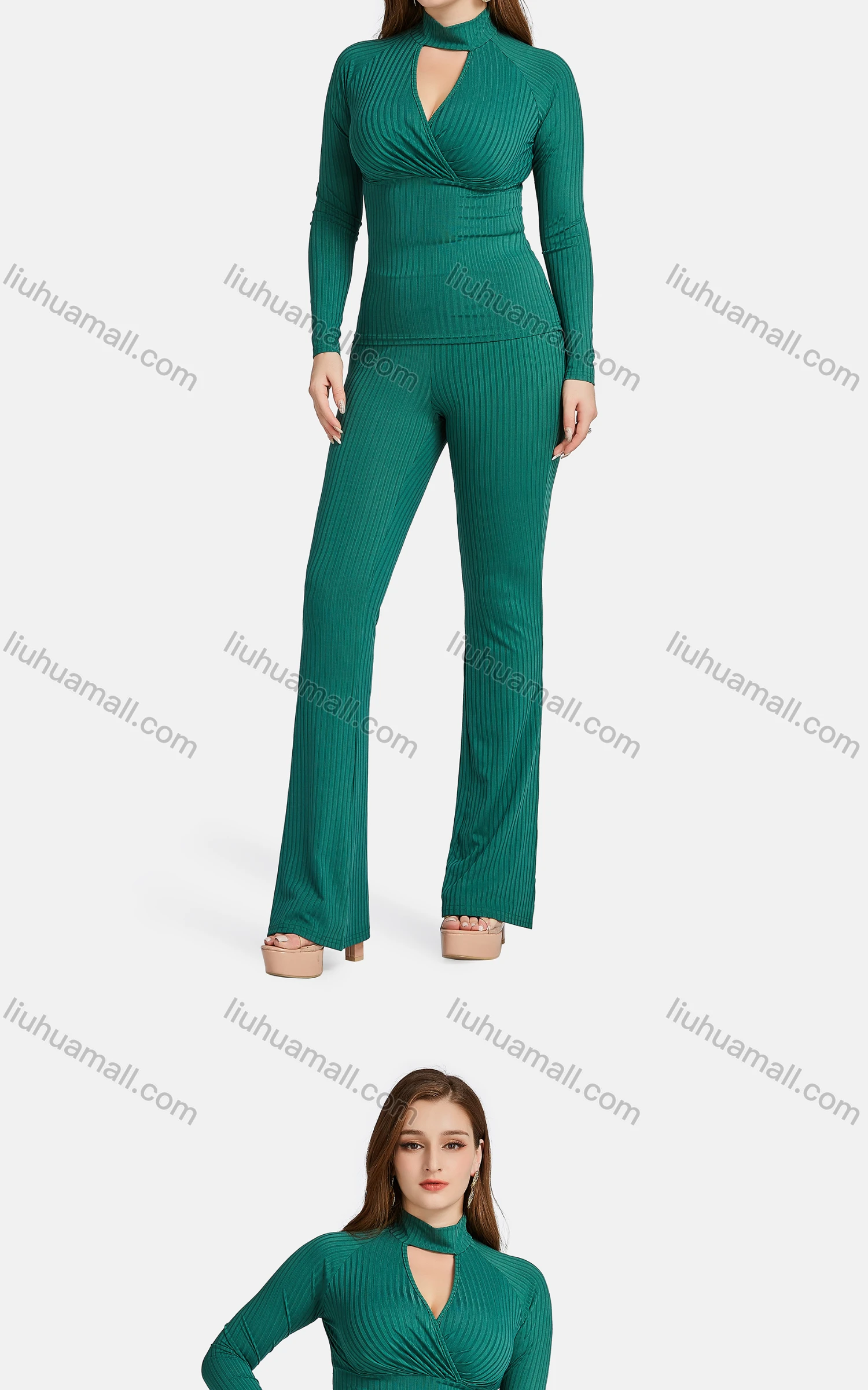 Wholesale Women's Casual Slim Fit High Neck Long Sleeve Ribbed Plain Blouse 2-piece Set - Liuhuamall