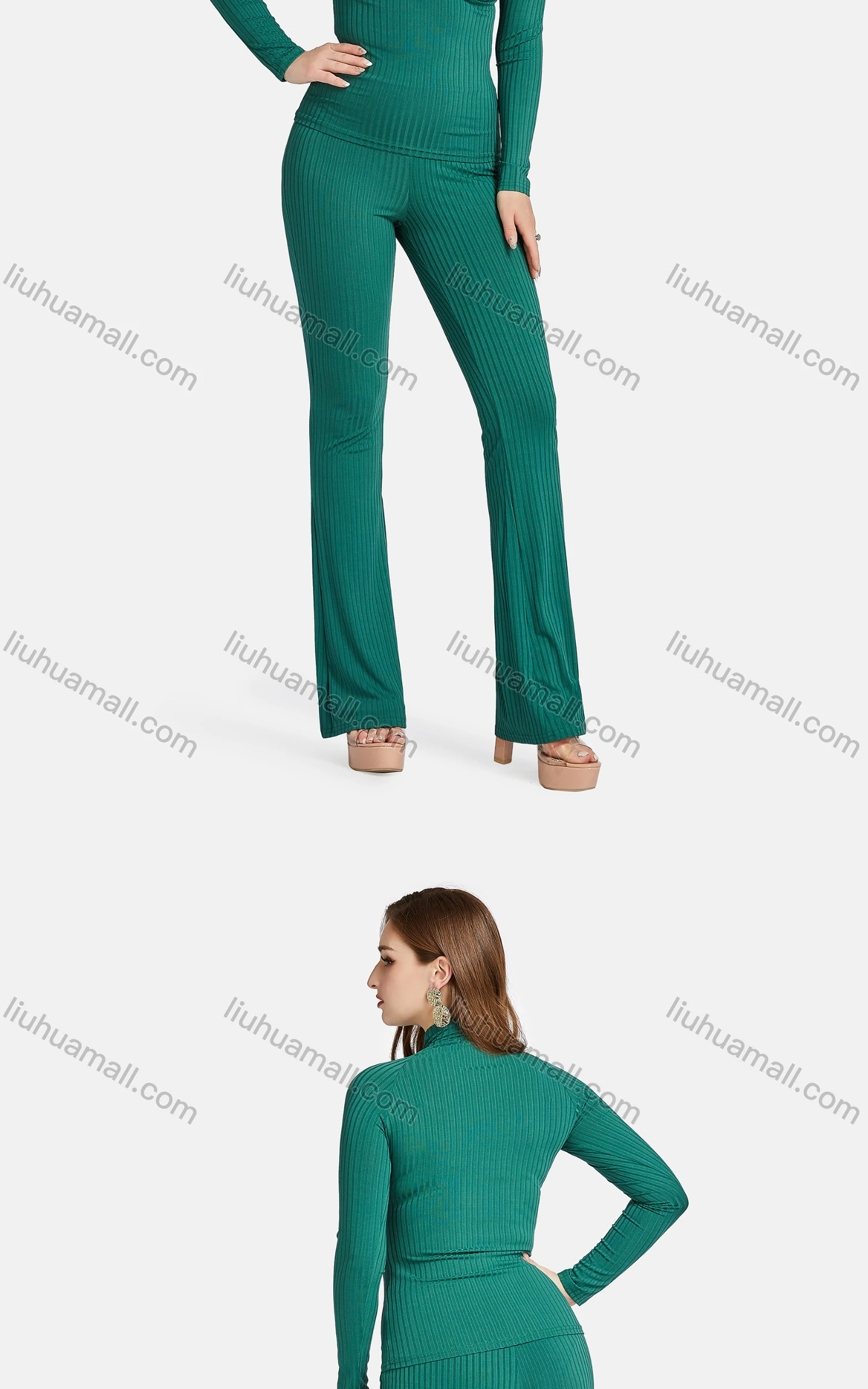 Wholesale Women's Casual Slim Fit High Neck Long Sleeve Ribbed Plain Blouse 2-piece Set - Liuhuamall