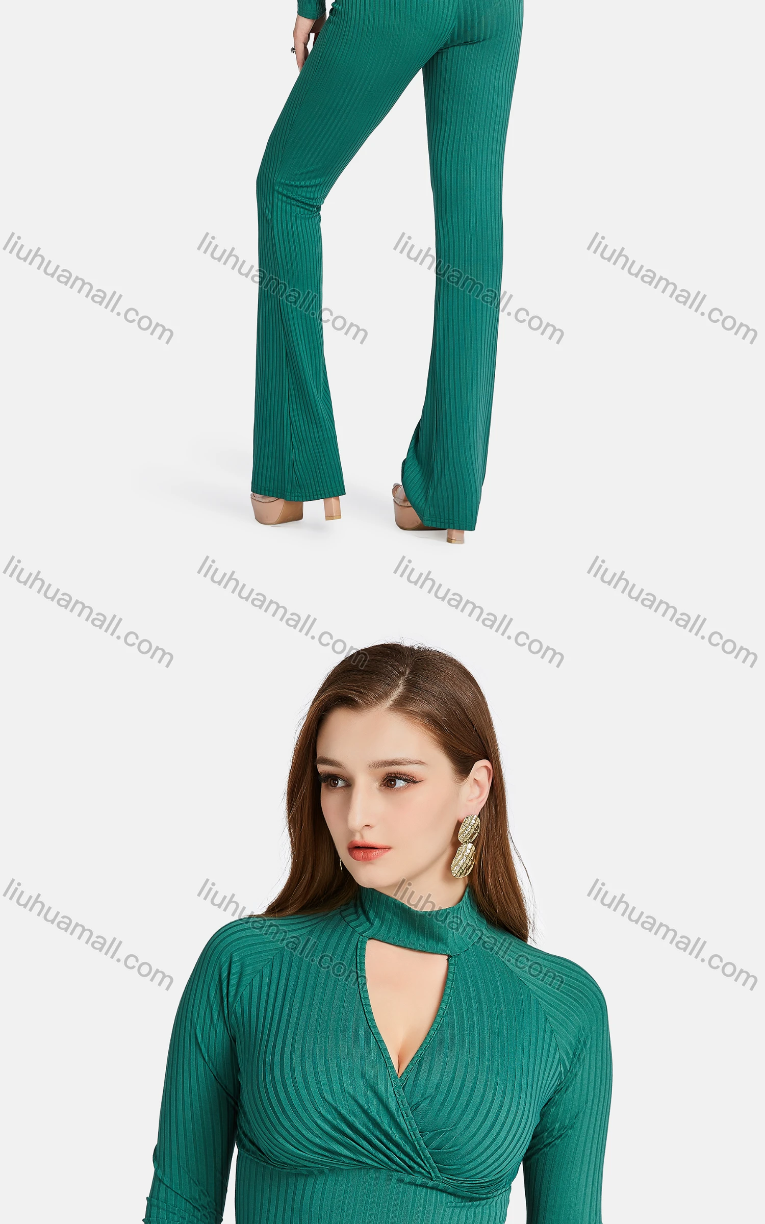 Wholesale Women's Casual Slim Fit High Neck Long Sleeve Ribbed Plain Blouse 2-piece Set - Liuhuamall