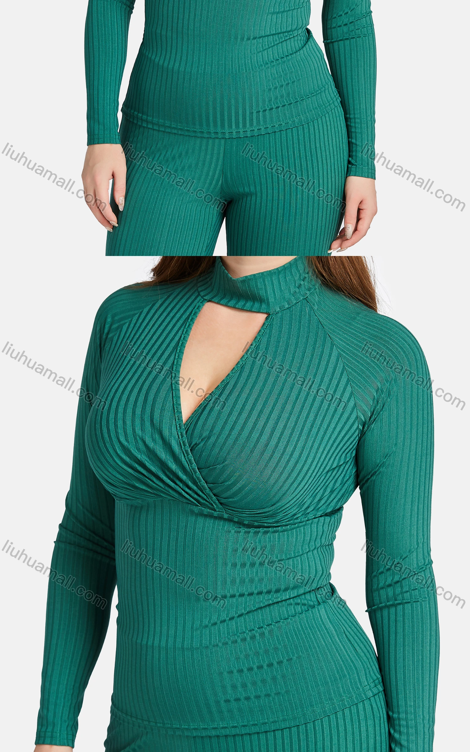 Wholesale Women's Casual Slim Fit High Neck Long Sleeve Ribbed Plain Blouse 2-piece Set - Liuhuamall