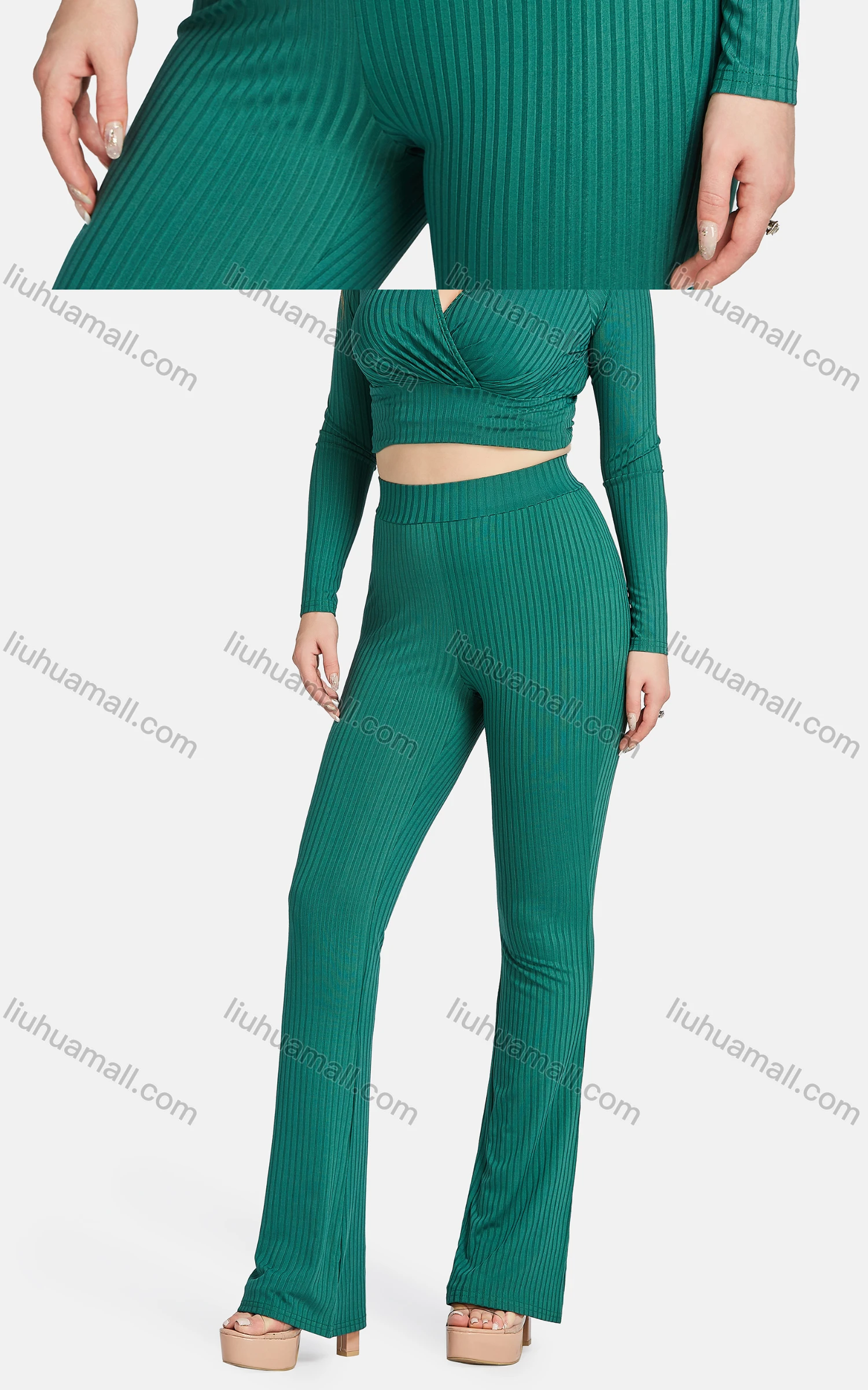 Wholesale Women's Casual Slim Fit High Neck Long Sleeve Ribbed Plain Blouse 2-piece Set - Liuhuamall