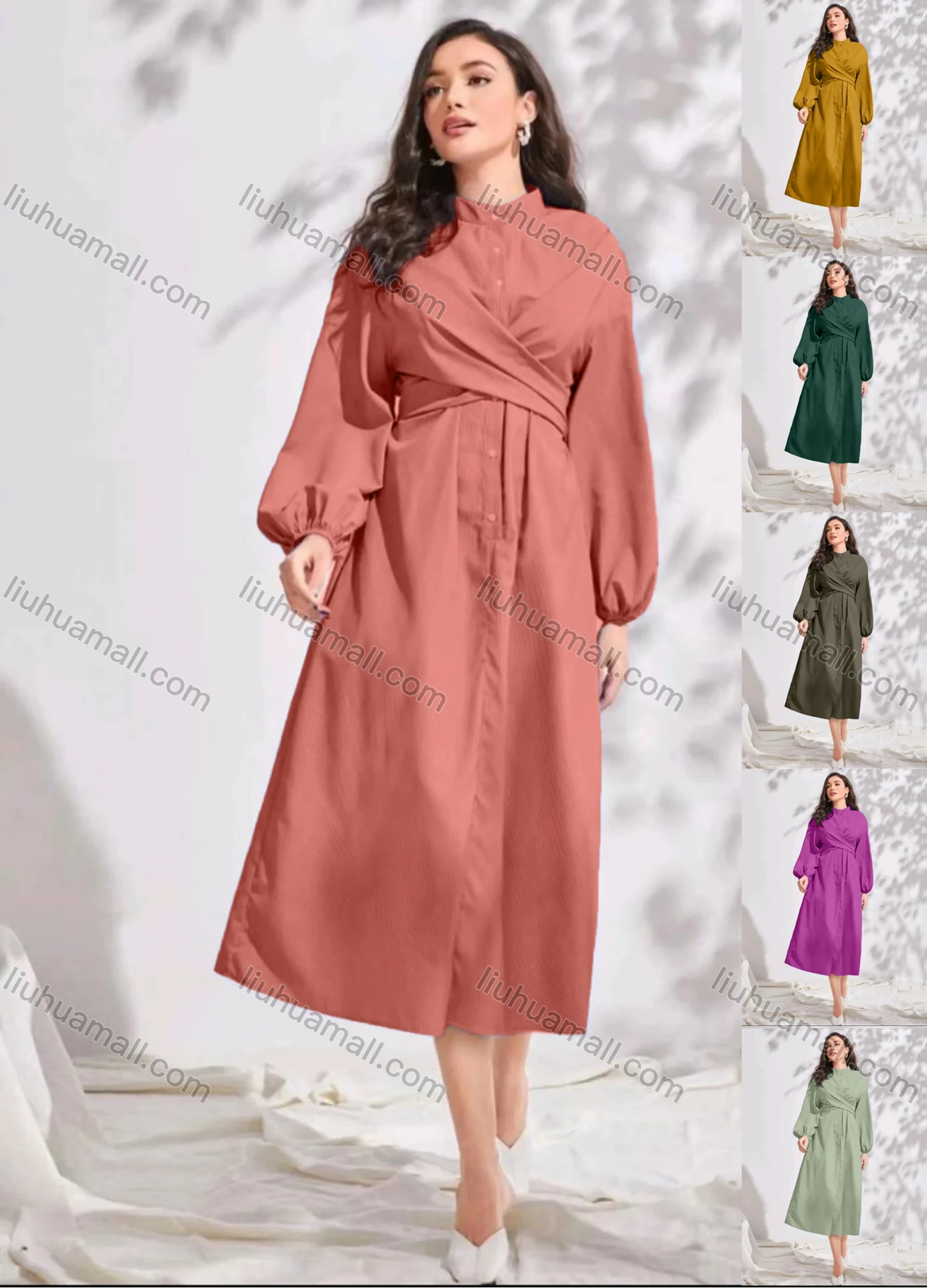 Wholesale Women's Elegant Casual Plain Buttons Front Stand Collar Crossover Long Sleeve Midi Dress With Belt - Liuhuamall