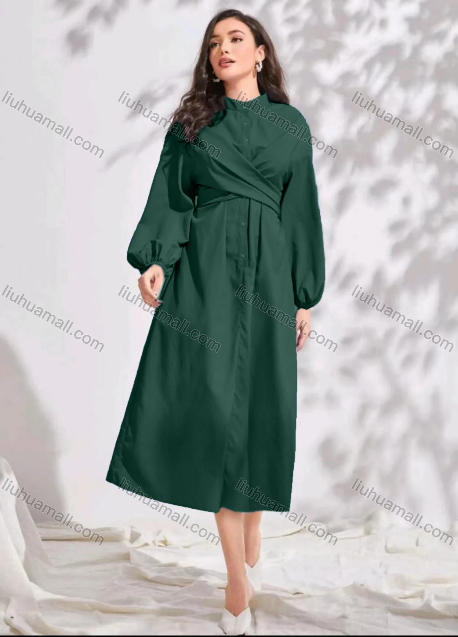 Wholesale Women's Elegant Casual Plain Buttons Front Stand Collar Crossover Long Sleeve Midi Dress With Belt - Liuhuamall